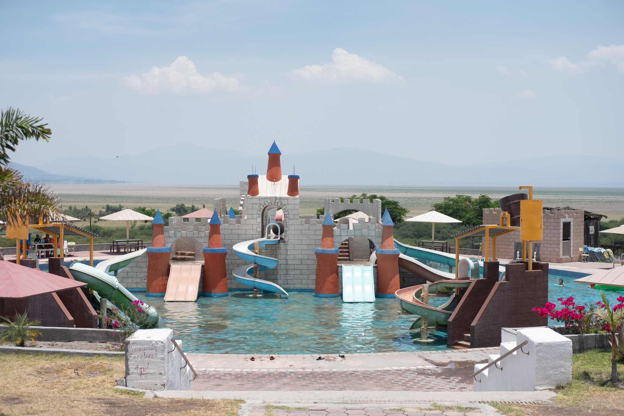 The kids’ pool of a local water park that overlooks the parched desert landscape of Lake Cuitzeo