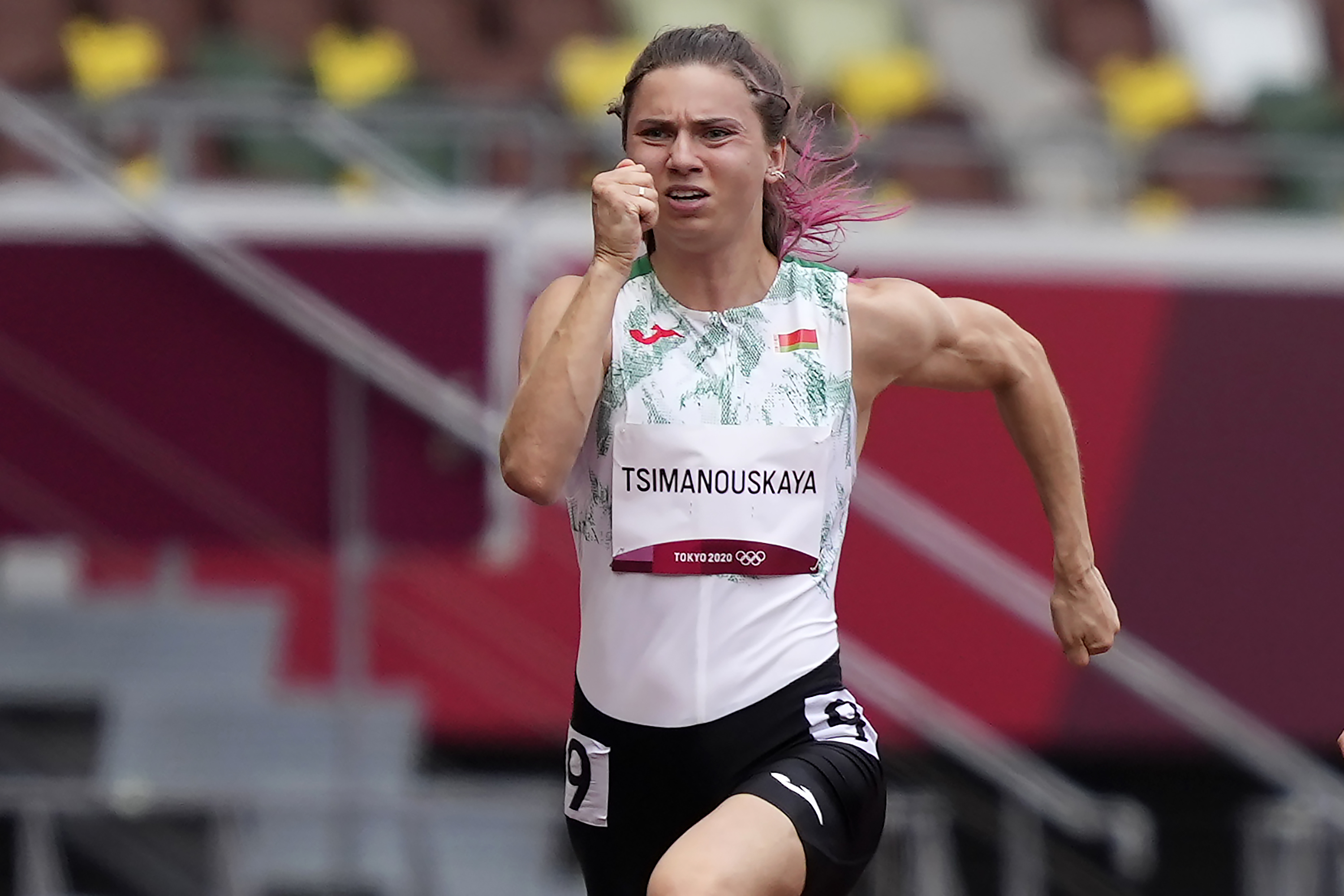 Tsimanouskaya runs in the women’s 100-metre run at the 2020 Summer Olympics