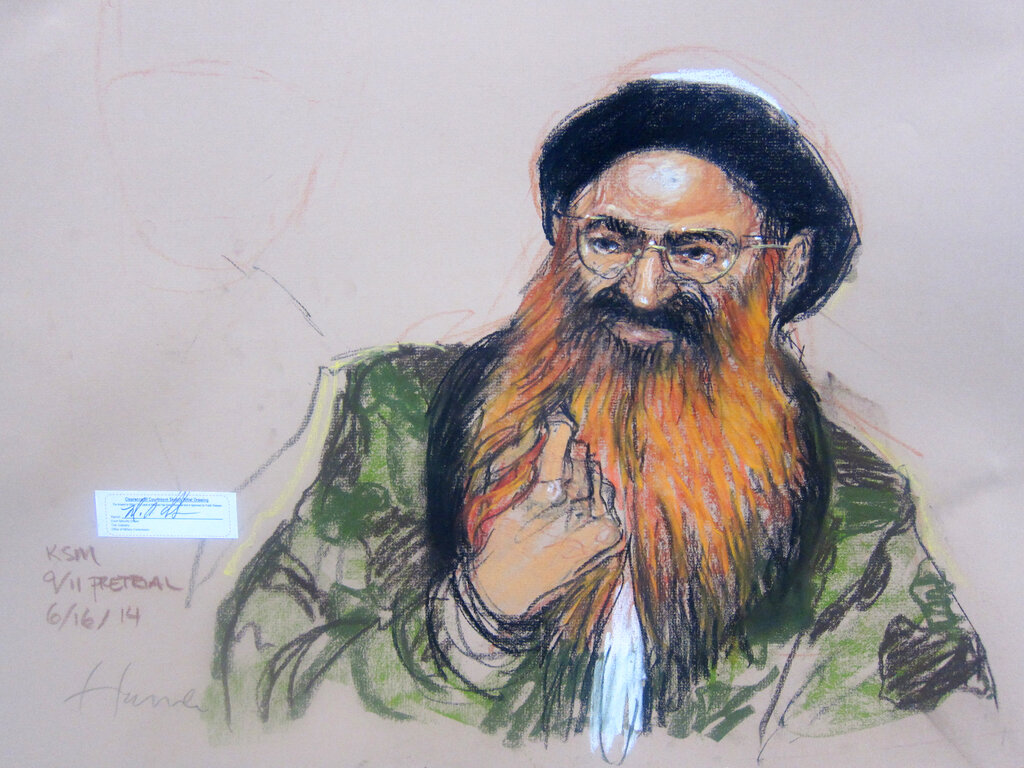 Self-proclaimed September 11 mastermind Khalid Sheikh Mohammed, depicted here in a 2014 sketch, attended pretrial hearings at the Guantanamo Bay this week. His lawyers plan to challenge the legitimacy of the US military court convened to try Mohammed and four co-denfendants [File:Janet Hamli/ (AP Photo via Pool)