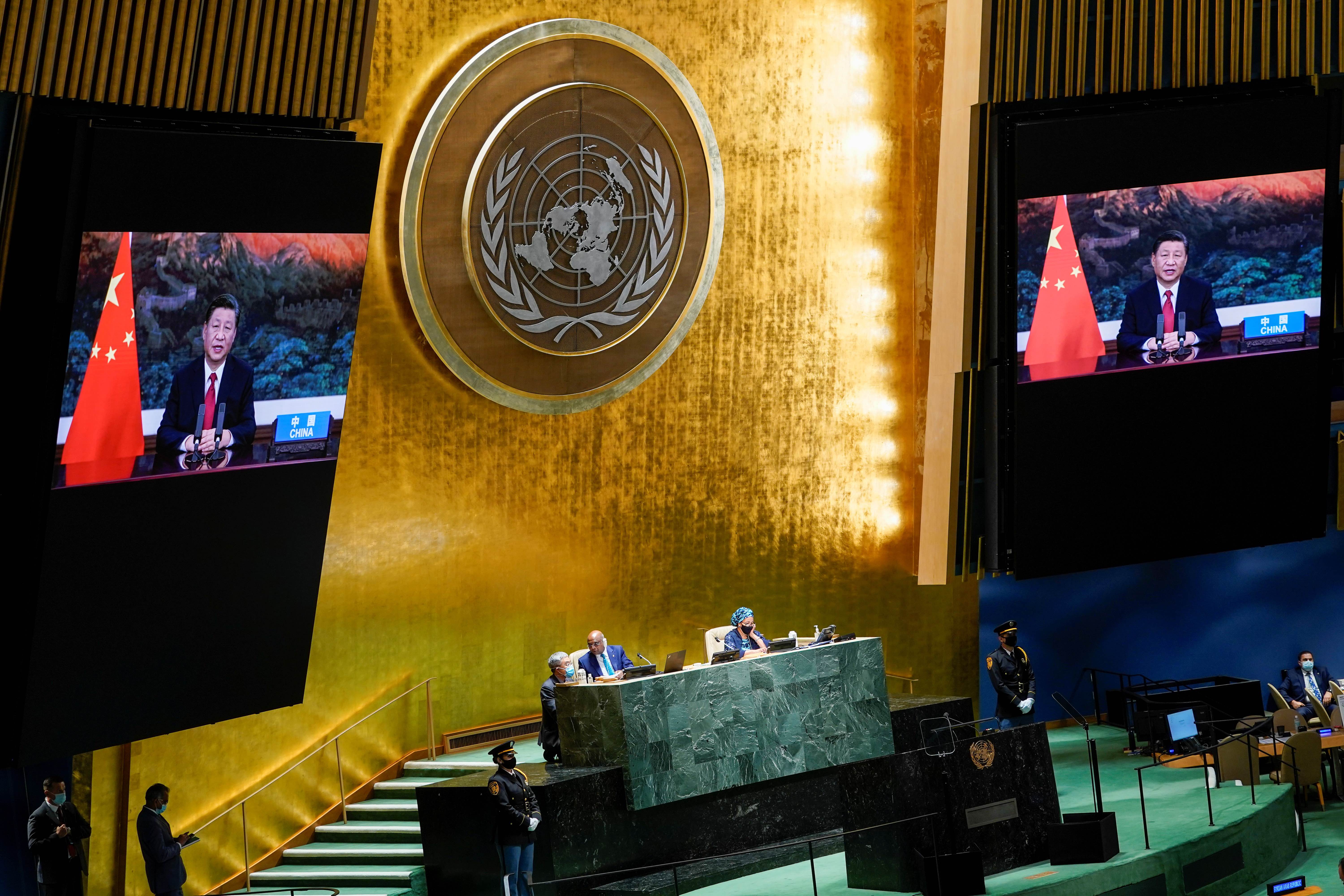 Chinese President Xi Jinping speaks remotely during the 76th session of the General Assembly at UN Headquarters in New York City