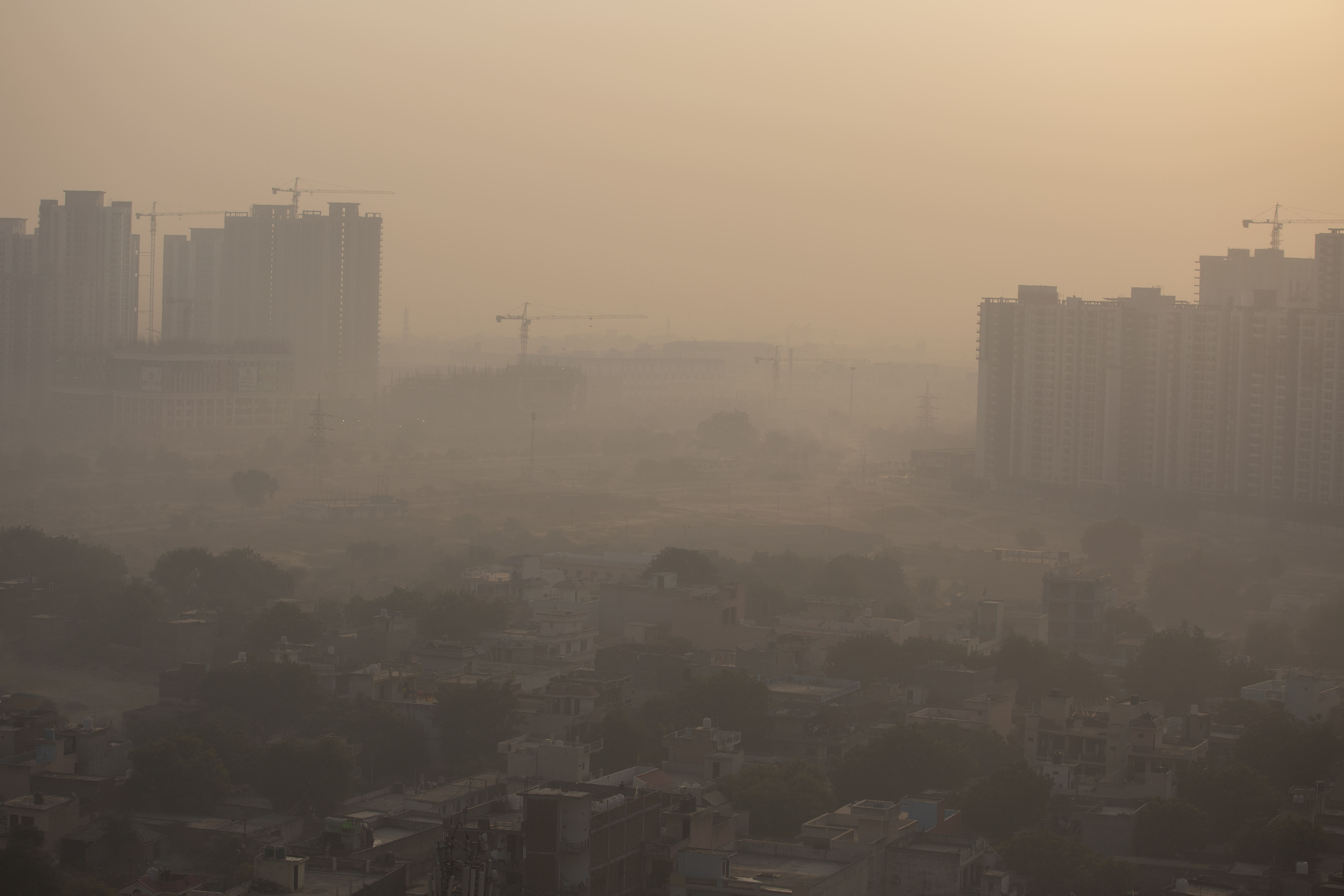 Morning haze envelops the skyline on the outskirts of New Delhi