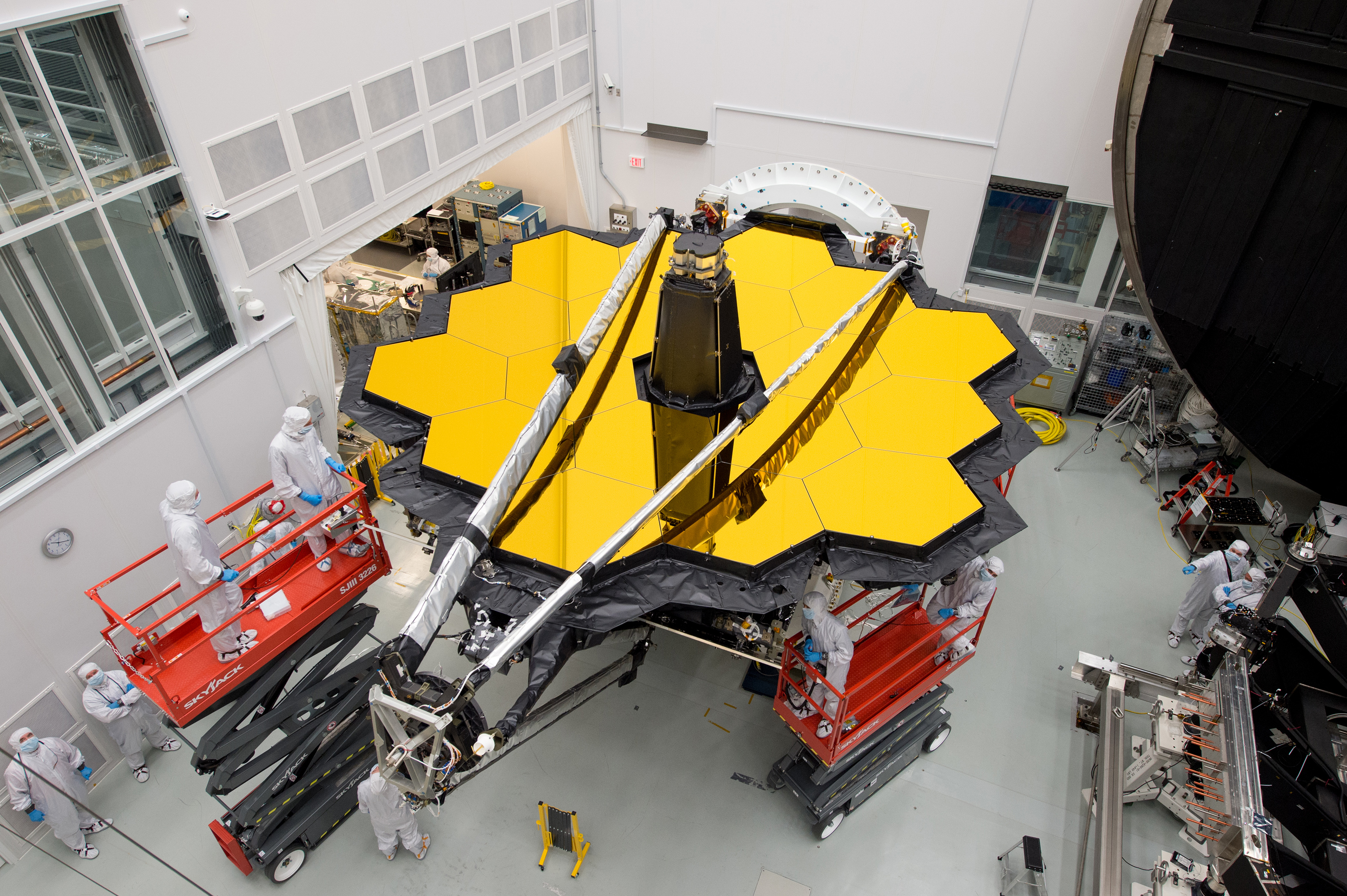 JWST waiting outside NASA’s large thermal vacuum chamber known as Chamber A, to undergo cryogenic testing