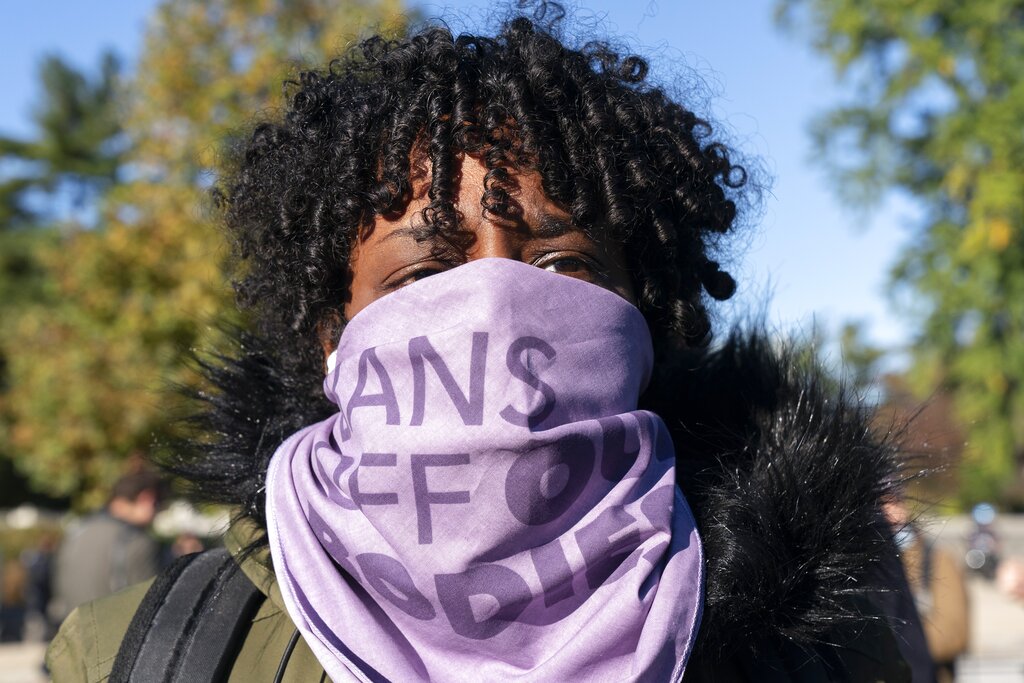 Wearing a bandana saying ‘Bans off our bodies’, a woman joined an abortion rights rally outside the Supreme Court on November 1 as justices heard arguments in the Texas case