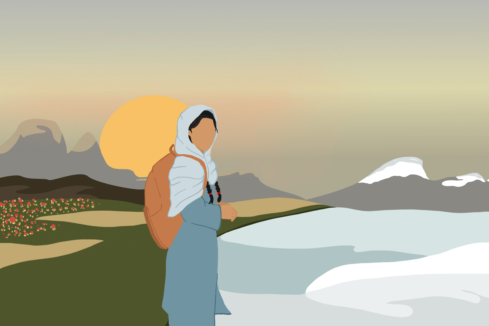 An illustration of schoolgirl in Afghanistan standing between a winter and spring landscape