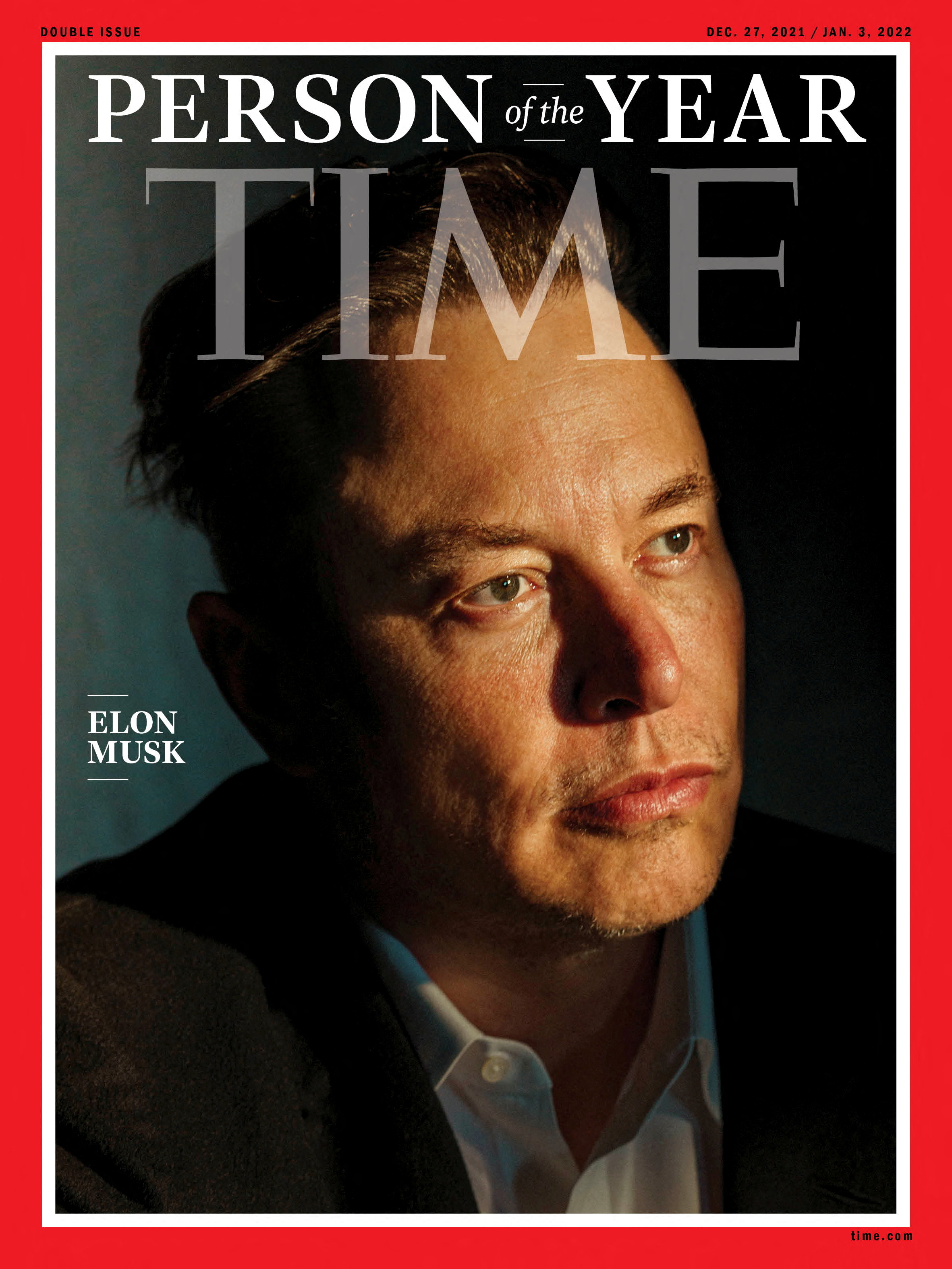 Elon Musk, founder and CEO of rocket company SpaceX and Tesla’s chief executive officer, poses in the cover image of Time magazine’s 2021 ‘Person of the Year’ edition