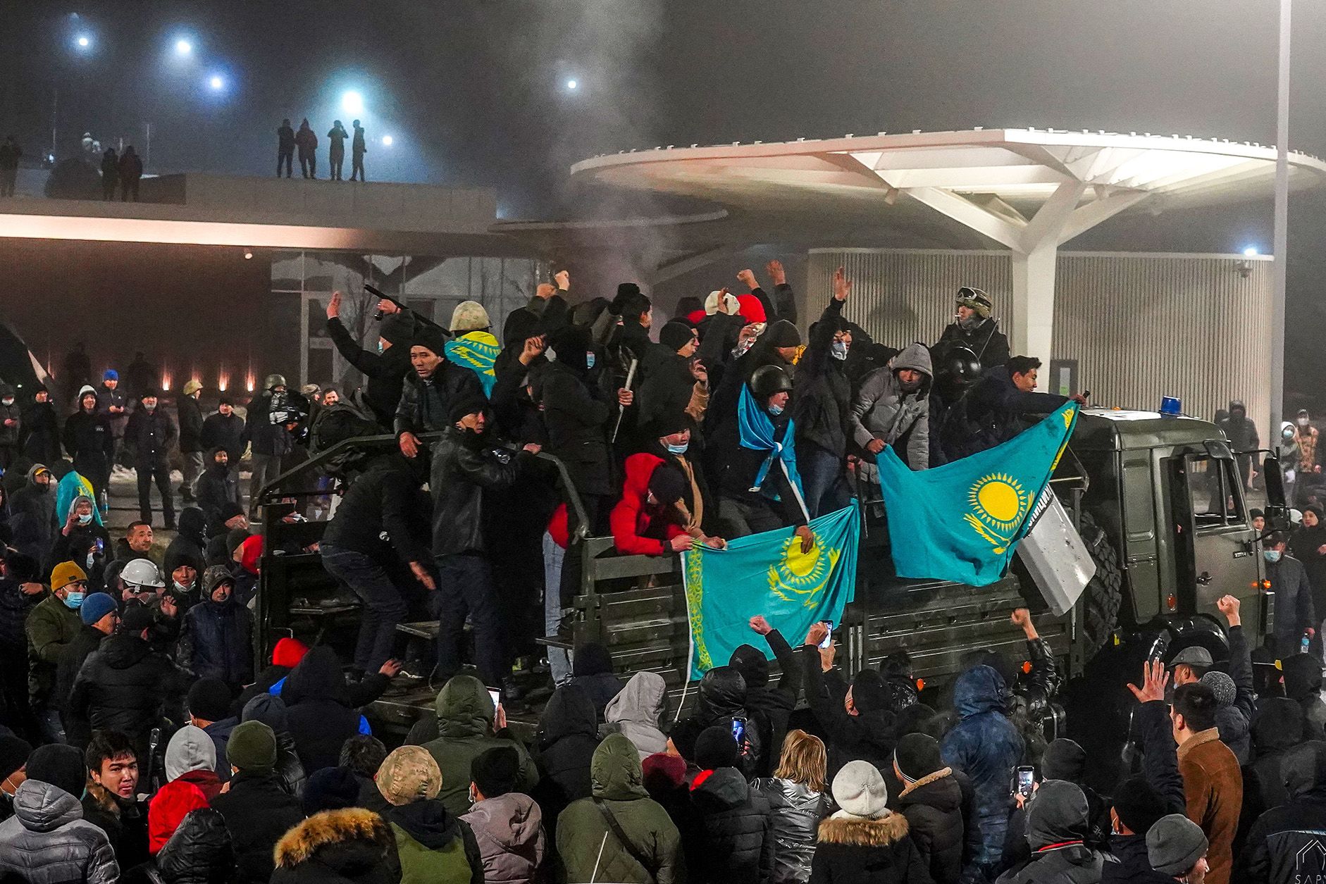 Protesters take part in a rally over a increase in energy prices in Almaty, Kazakhstan, on January 5, 2022
