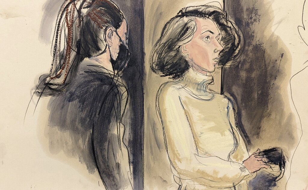 In this courtroom sketch, Ghislaine Maxwell, right, sits with her mask off during a break in her sex trafficking trial.