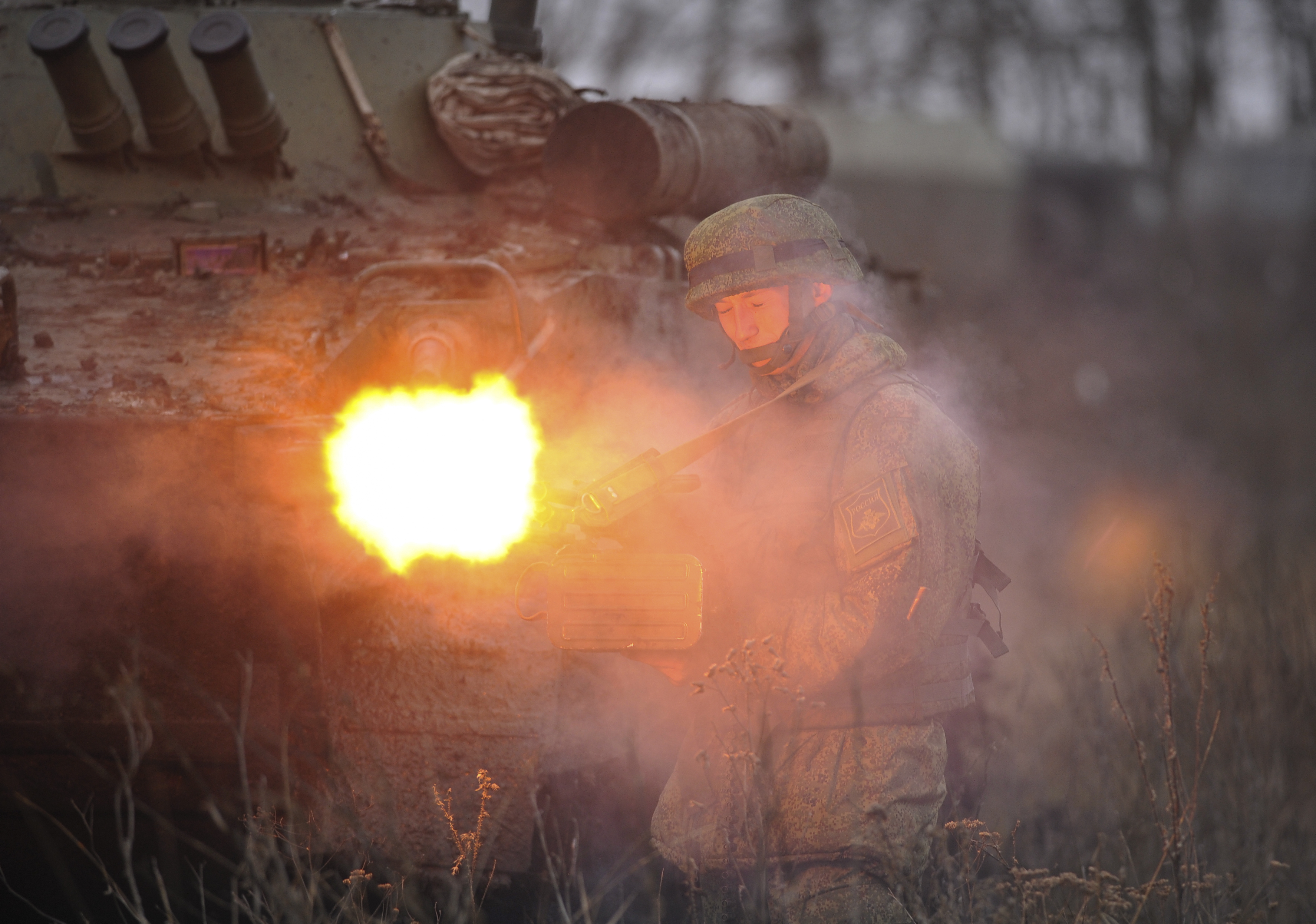 A Russian army soldier takes part in drills at the Kadamovskiy firing range in the Rostov region in southern Russia