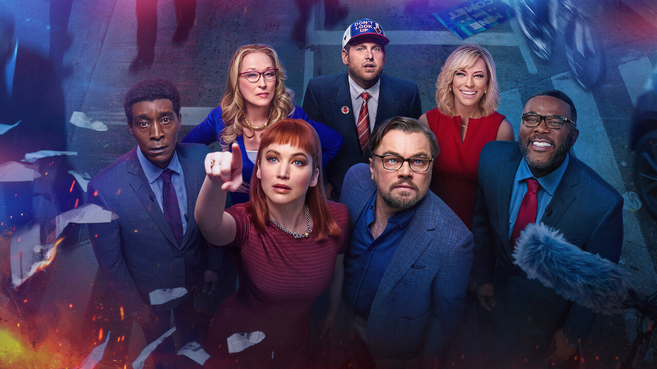 The cast of Netflix movie Don't Look Up is seen together in a promotional image.