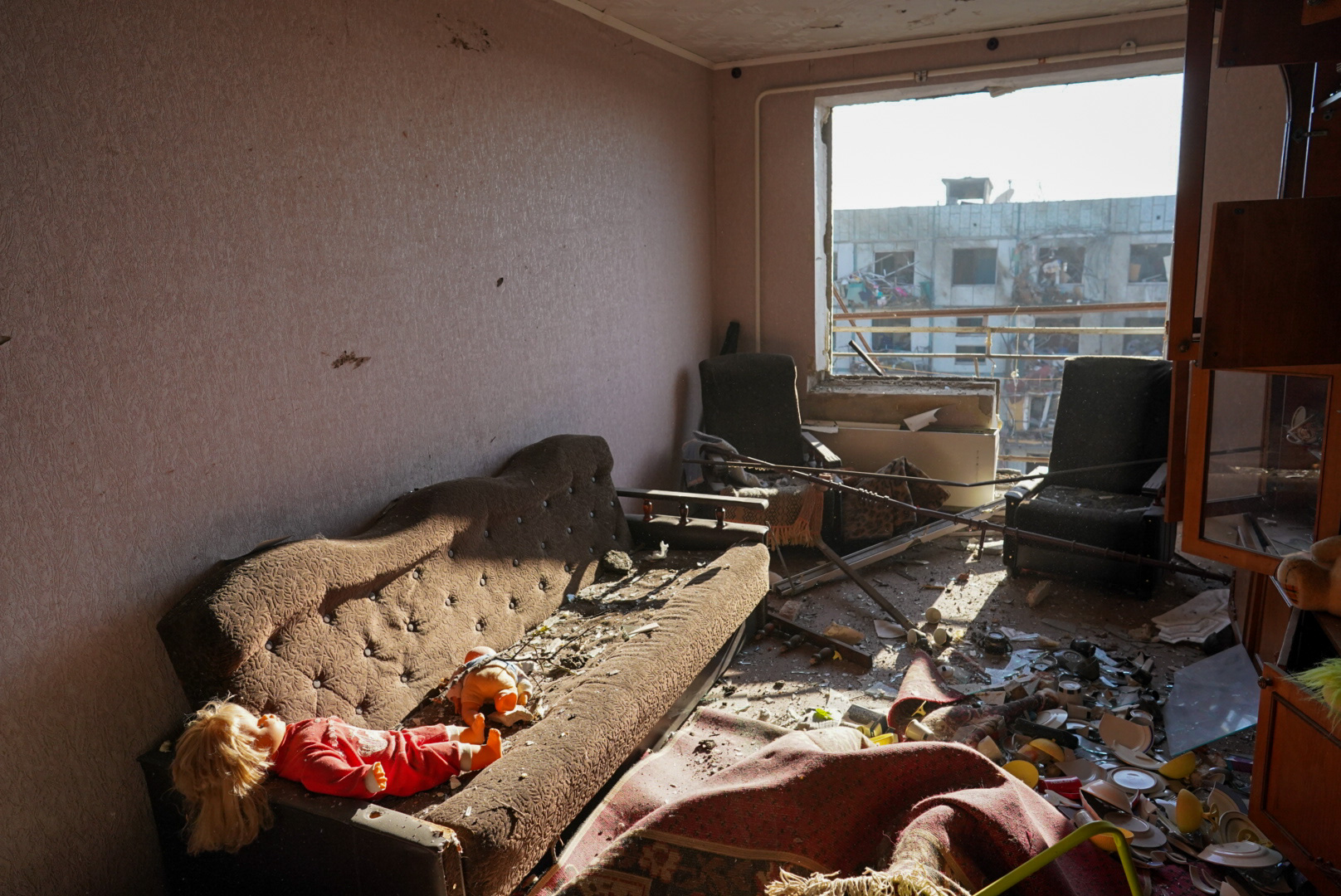 A view of a damaged flat after an airstrike hit an apartment complex in Chuhuiv