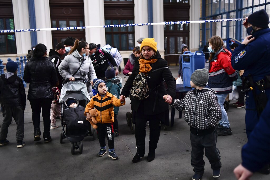 Refugees fleeing from Ukraine arrive at Nyugati station in Budapest, Hungary, on February 28, 2022