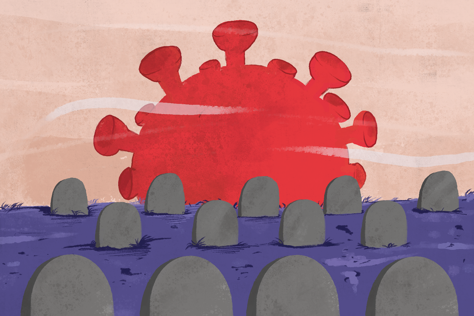 An illustration of a sunset over a cemetery with a large COVID virus in the sun's position instead of the sun.