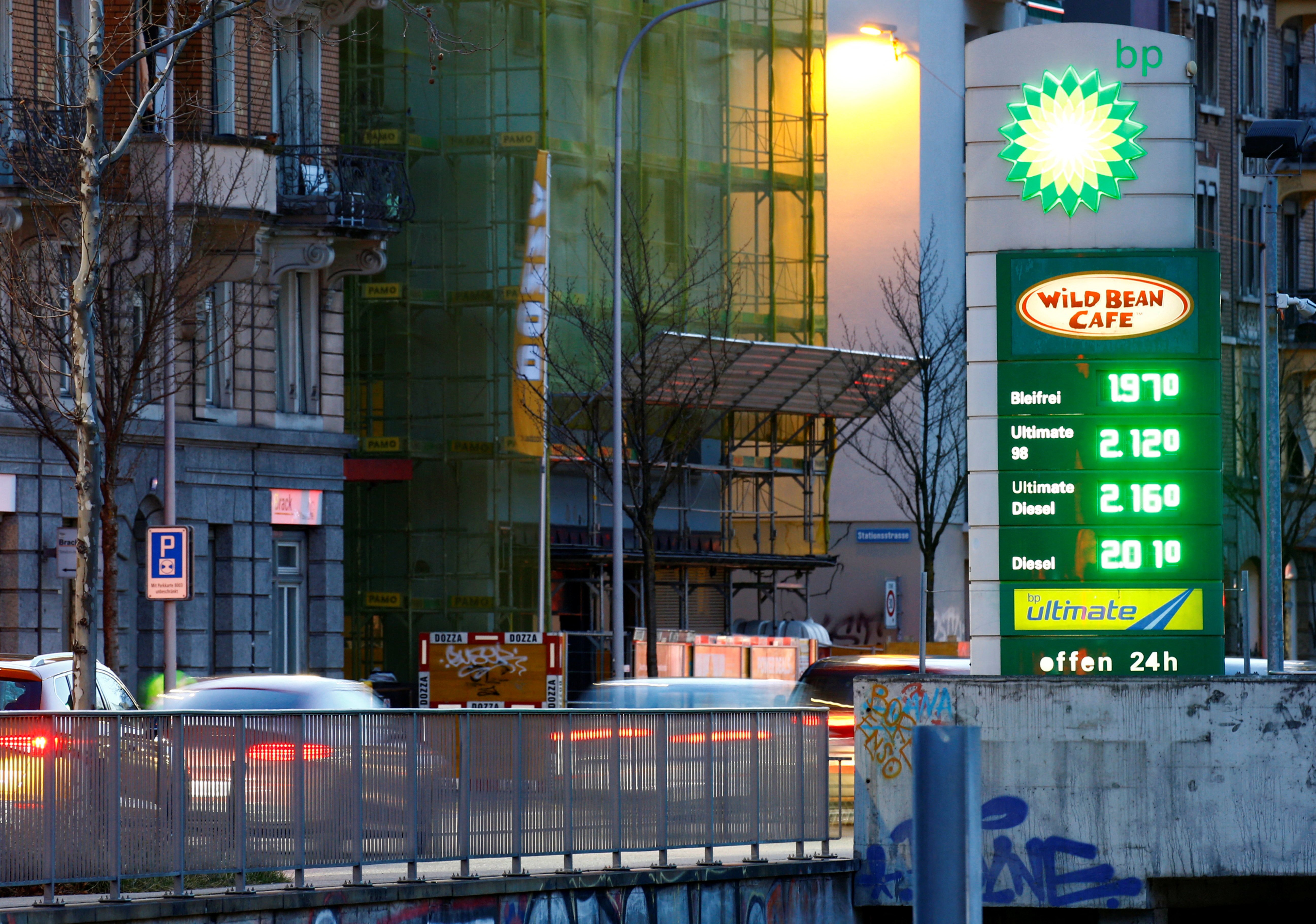 A display shows fuel prices in Swiss francs per liter at a BP gas station in Zurich, Switzerland