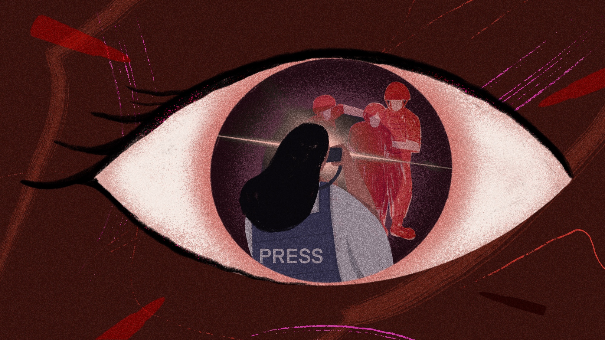 Illustration by JC of an eye with a reflection in it of a woman wearing a protective vest with Press written on it. The woman is facing soldiers detaining a person.