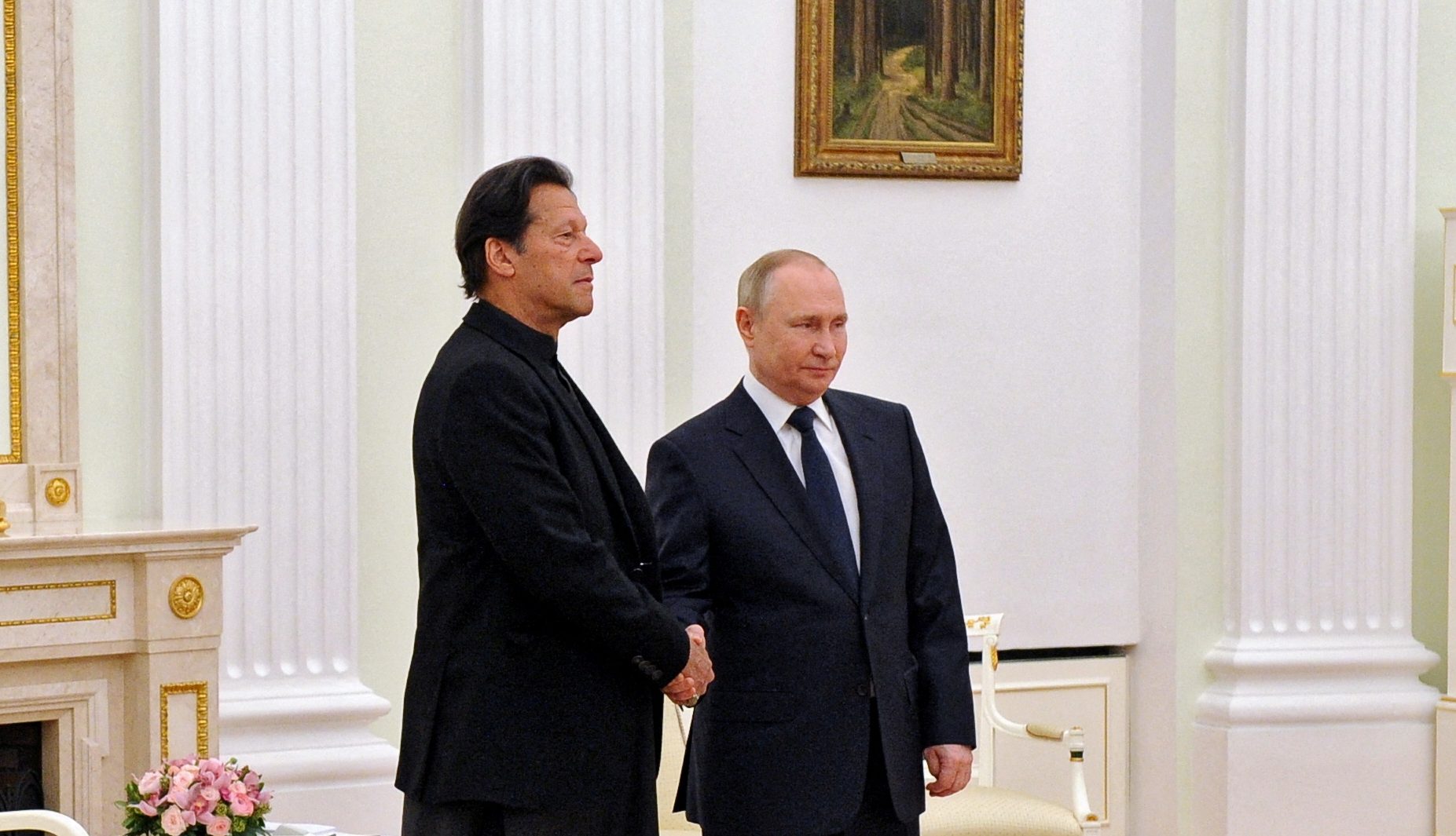 Russian President Vladimir Putin shakes hands with Pakistan’s PM Imran Khan during a meeting in Moscow on February 24, the day Russian forces entered Ukraine