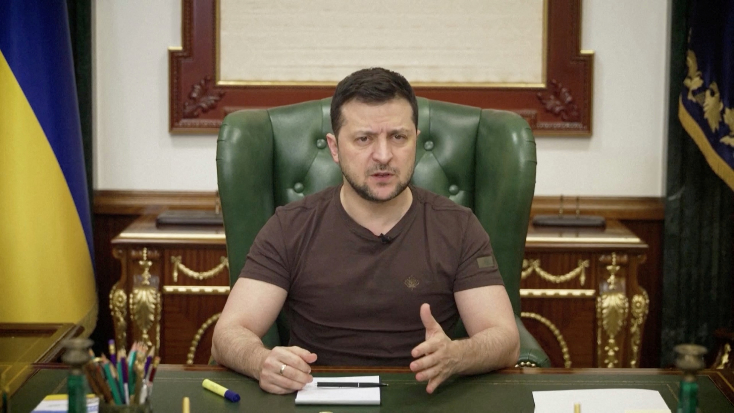 Ukrainian President Volodymyr Zelenskyy speaks in Kyiv, Ukraine in this still image taken from video. 