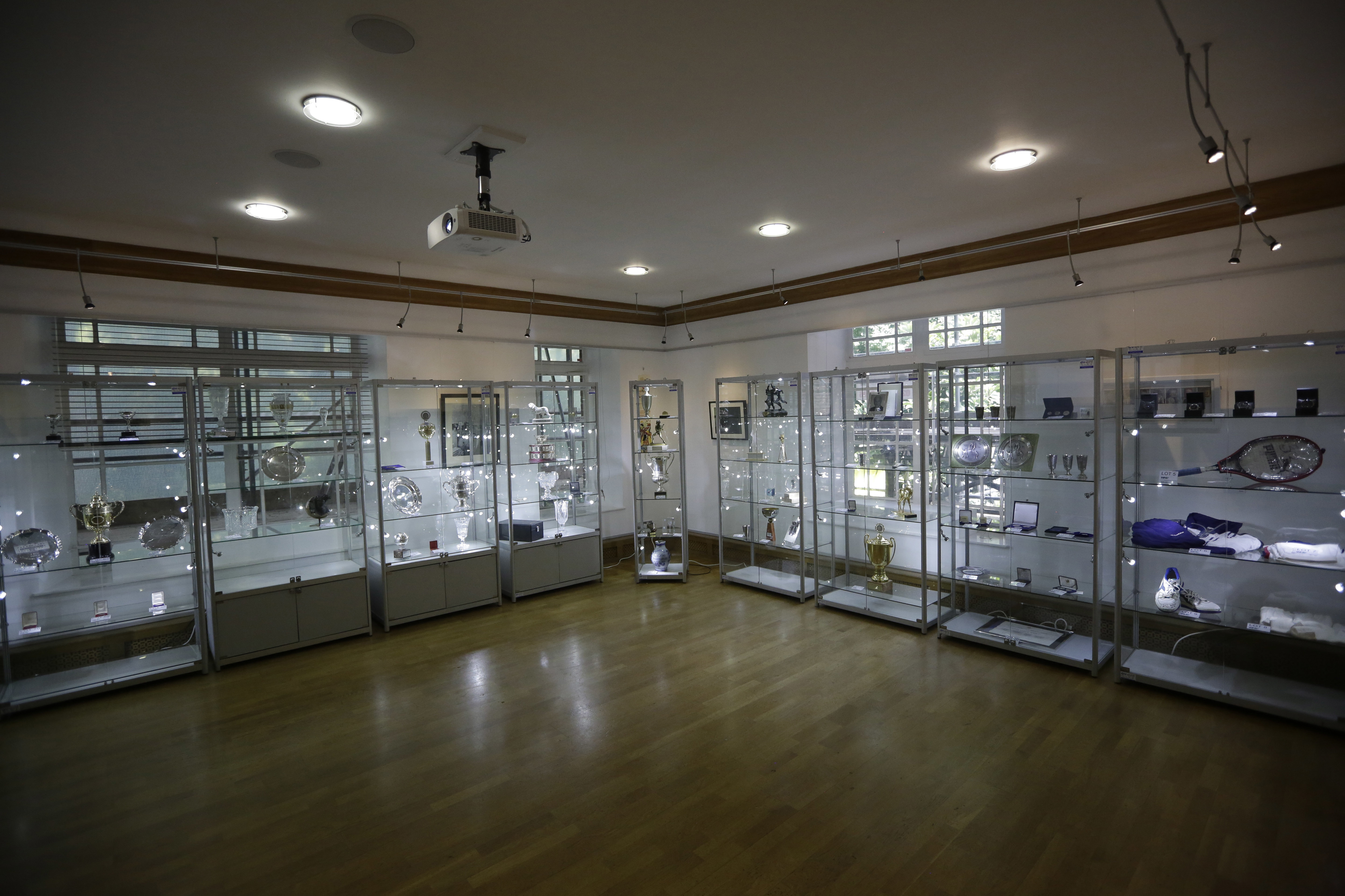 Trophies and memorabilia from the career of German tennis star Boris Becker are displayed for viewing to be sold in an online auction