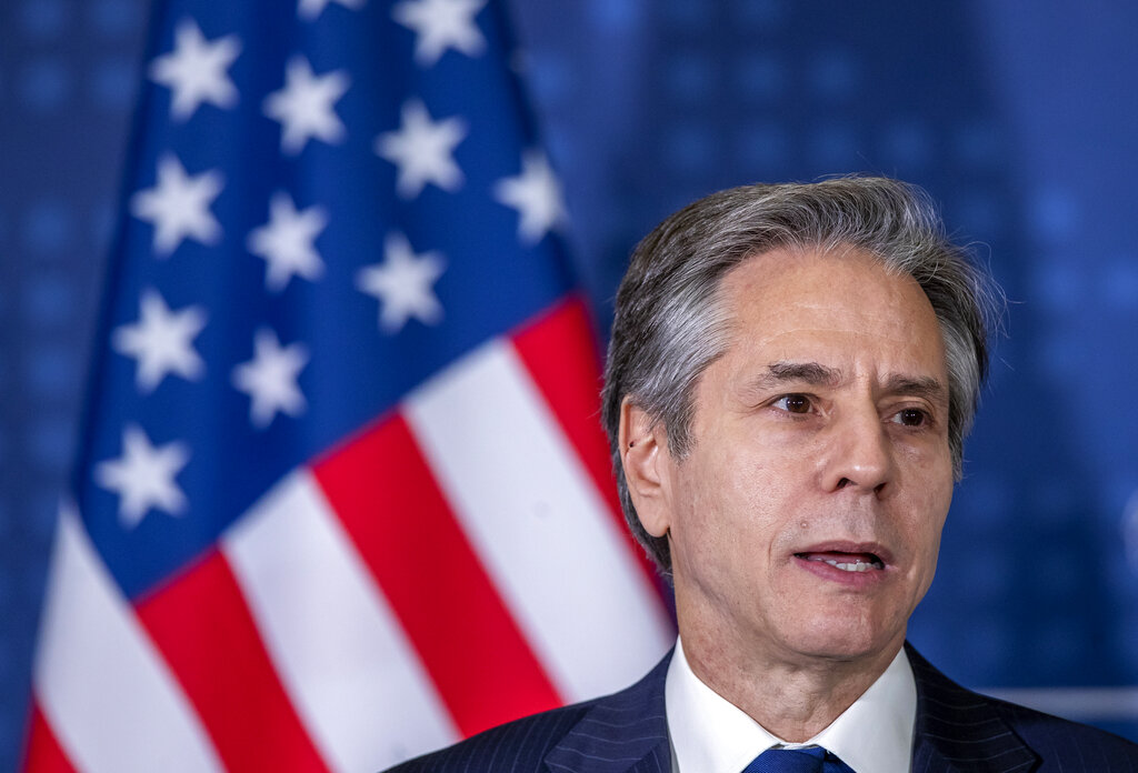 US Secretary of State Antony Blinken speaks during a joint media conference with Lithuania's foreign minister Gabrielius Landsbergis at the Ministry of Foreign Affairs in Vilnius.