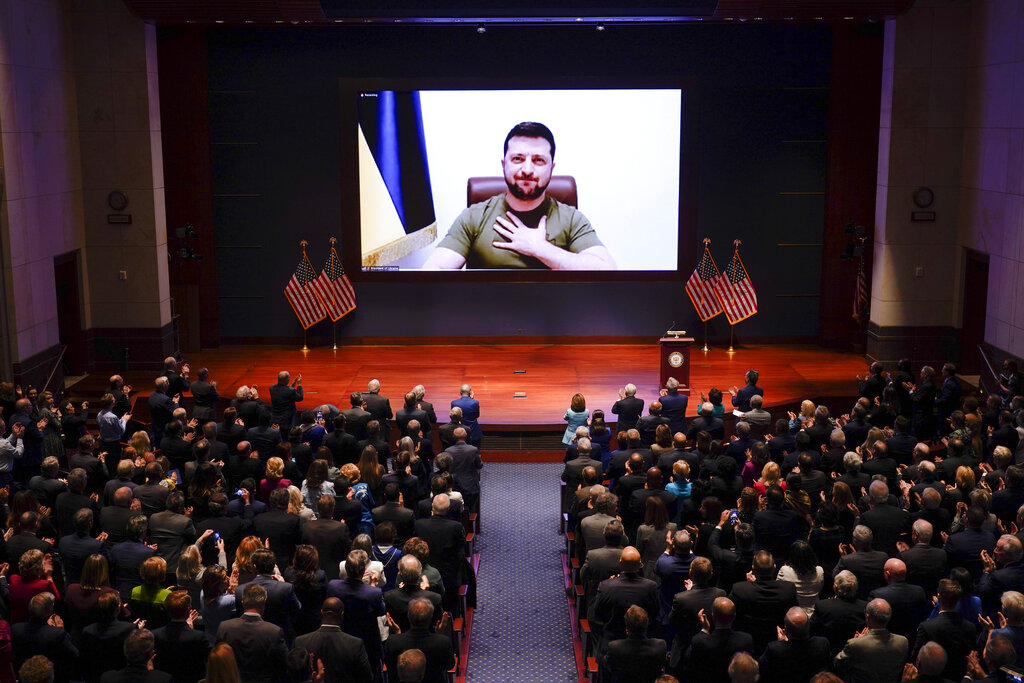 Ukrainian President Volodymyr Zelenskyy speaks to the U.S. Congress by video to plead for support as his country is besieged by Russian forces, at the Capitol in Washington, DC.