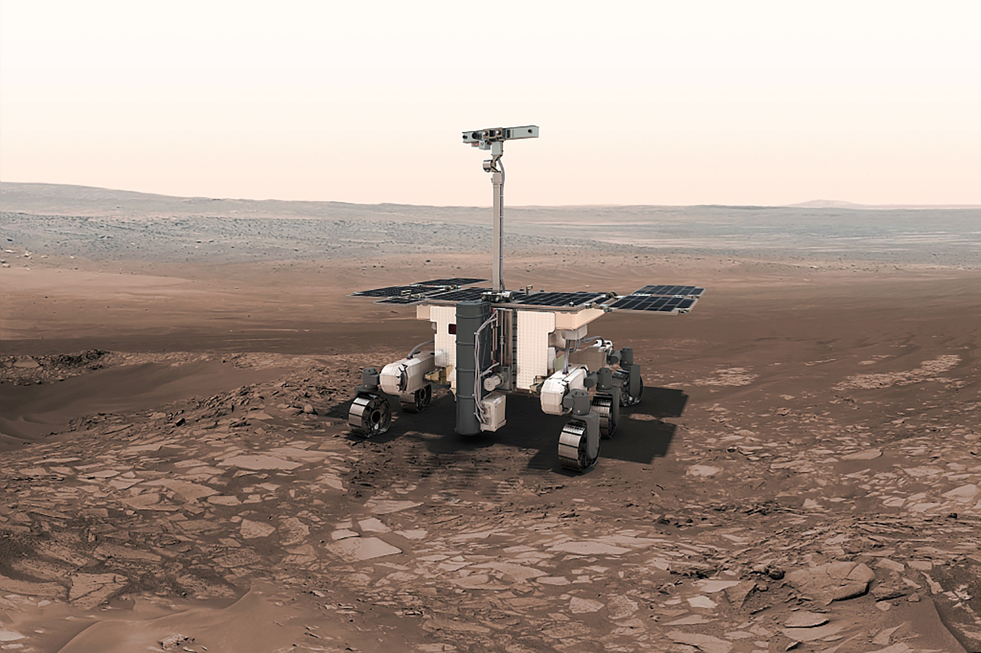 This undated artist’s rendition provided by the European Space Agency shows the ESA ExoMars robot on Mars