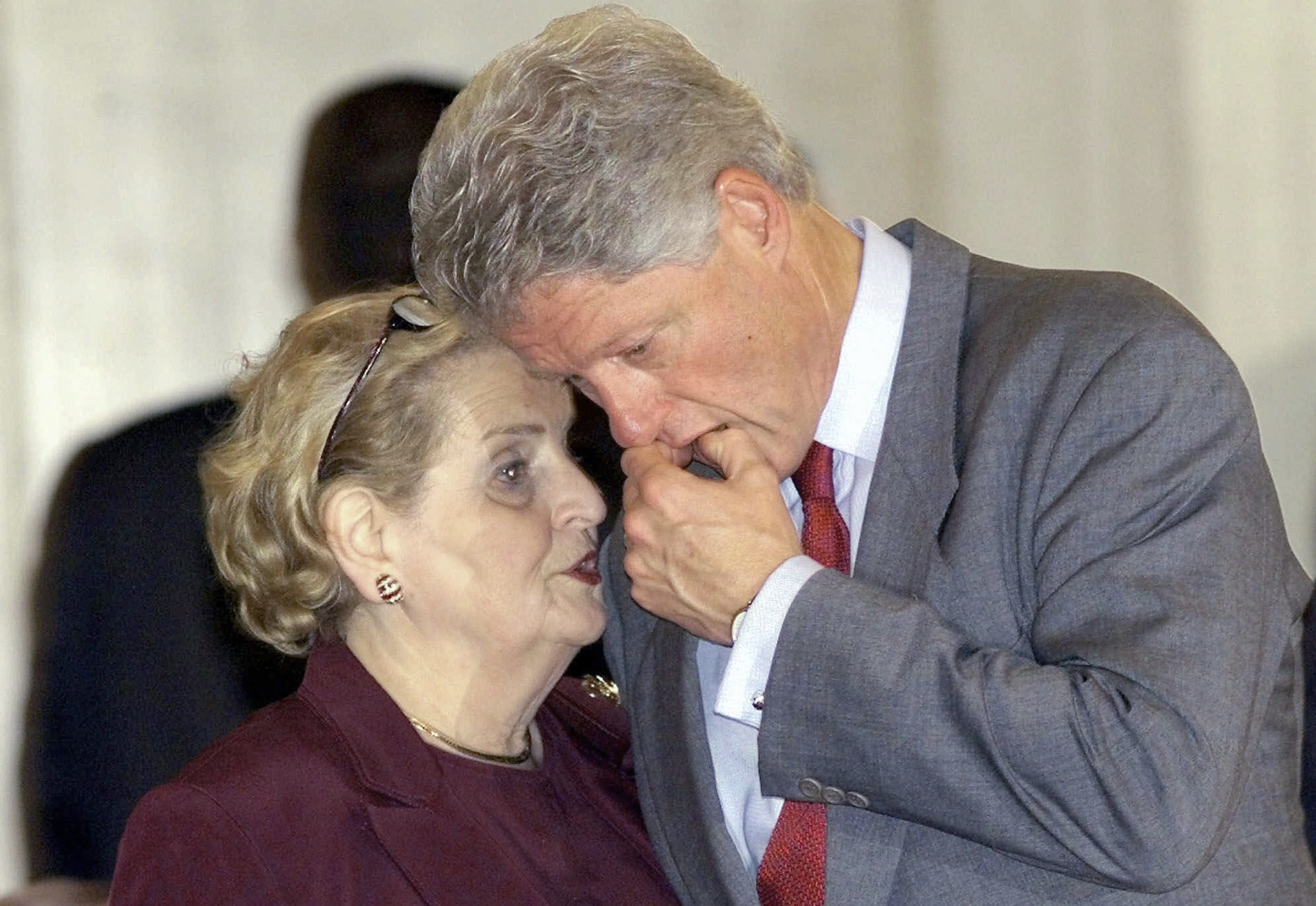 President Bill Clinton confers with Albright before delivering the final statement at the Middle East Summit in the Egyptian resort town of Sharm el-Sheik, Egypt, on October 17, 2000
