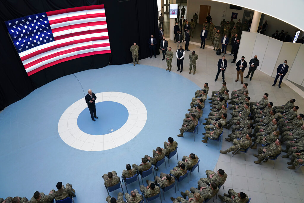 President Joe Biden speaks to members of the 82nd Airborne Division at the G2A Arena in Jasionka, Poland.
