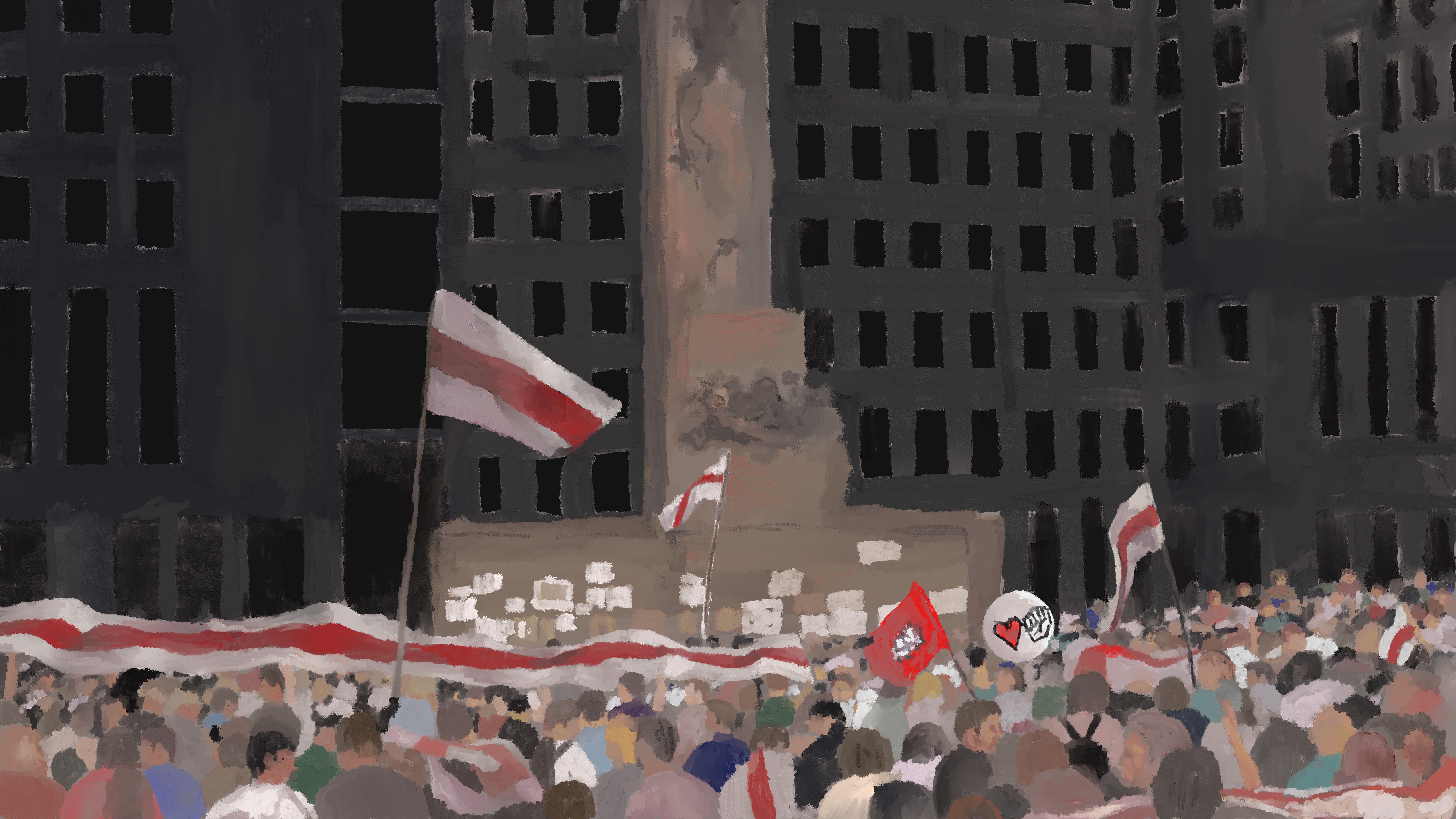 An illustration of a large crowd of people outdoors holding Belarus flags and signs in a protest.