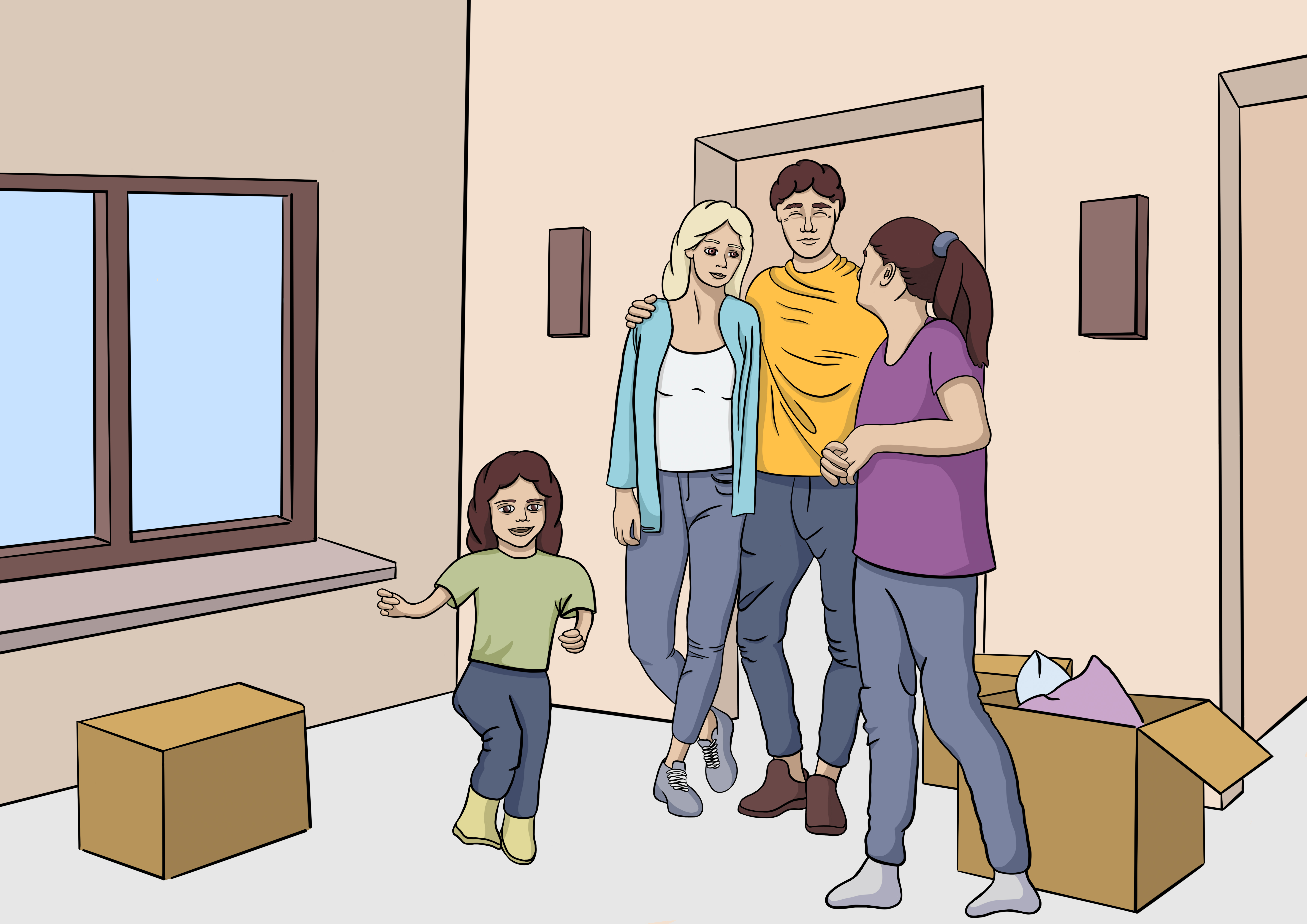 An illustration of a family of four looking happy standing in an empty room with boxes.