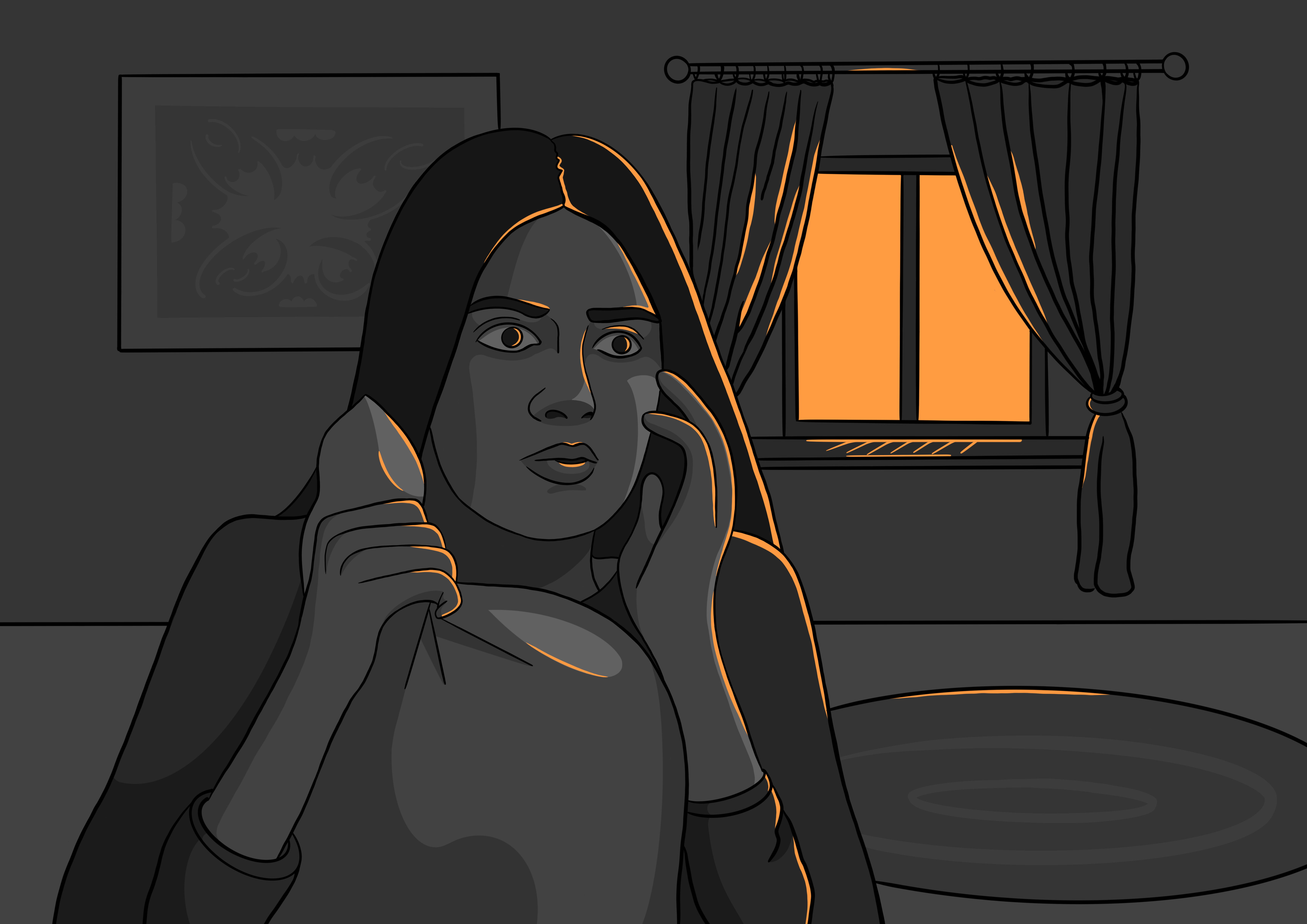 An illustration of a woman looking scared and hugging a pillow.