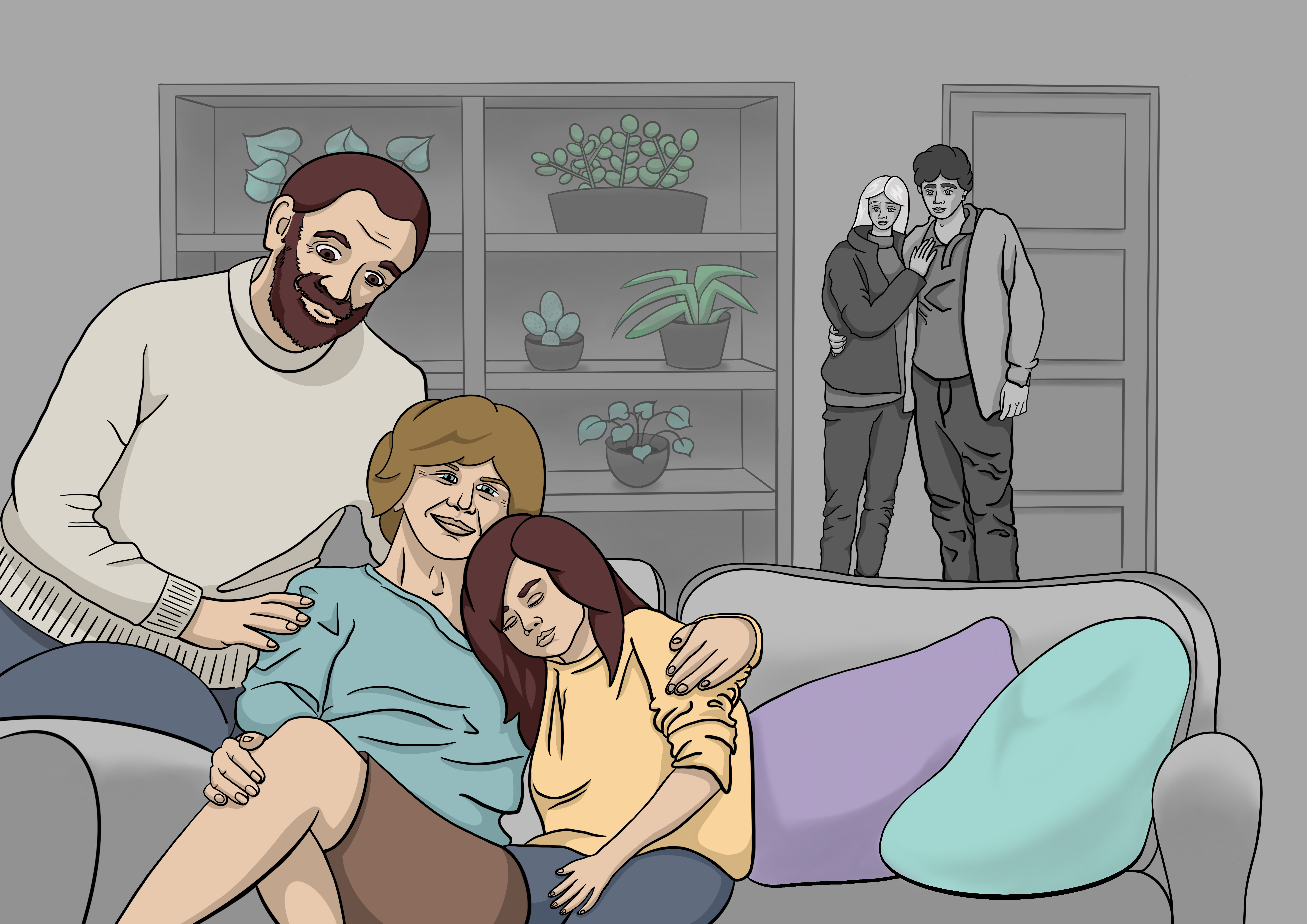 An illustration of an older man and woman sitting on a sofa with a child leaning against them and a man and a woman holding each other stand by the door.