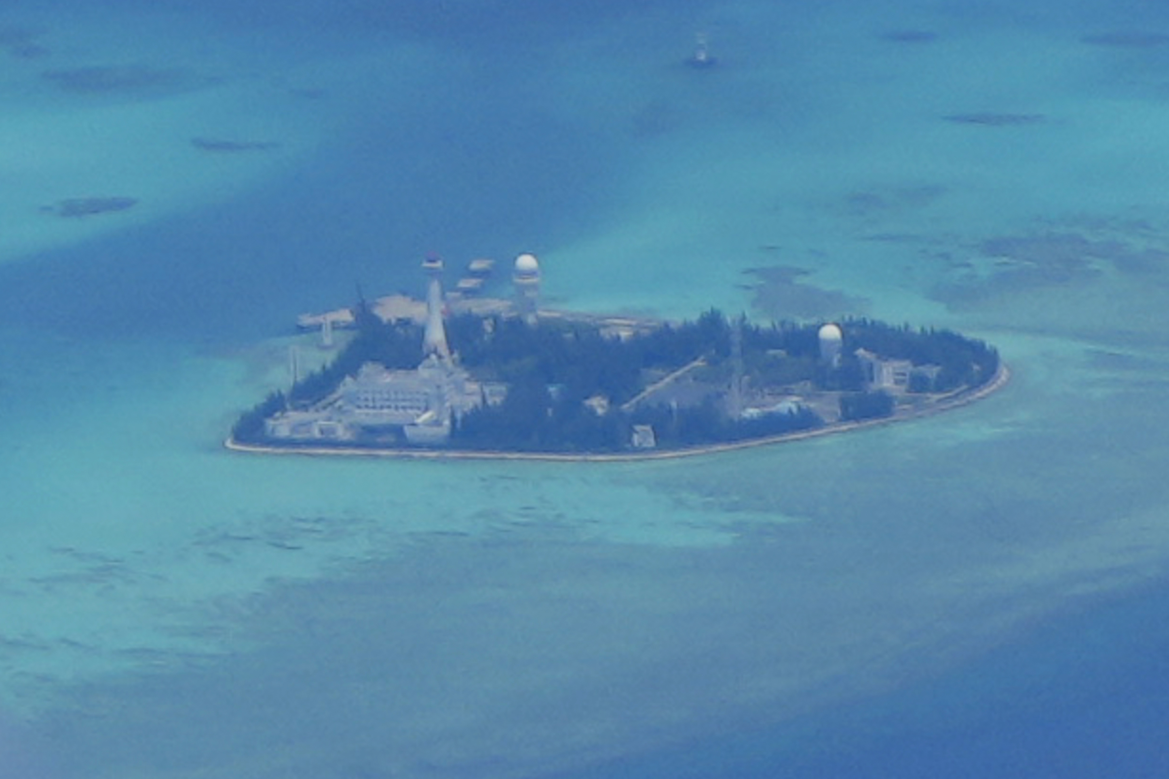 A photo of Chinese structures and buildings at the man-made island on Johnson reef at the Spratlys group of islands in the South China Sea.