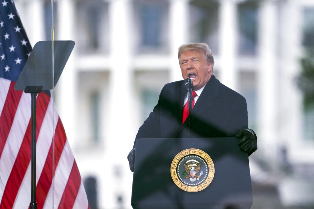 President Donald Trump speaks during a rally protesting the electoral college certification of Joe Biden as President in Washington on Jan. 6, 2021.