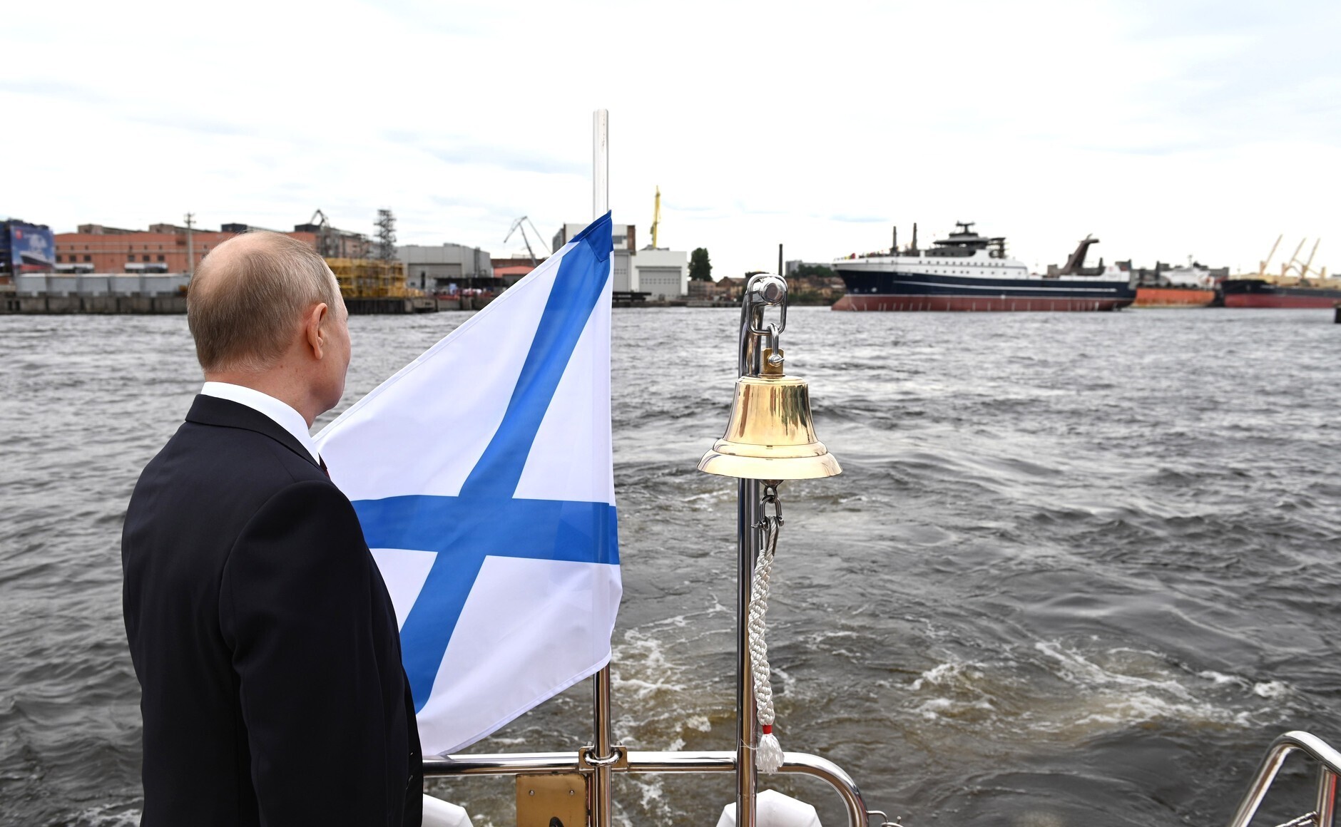 Vladimir Putin attends the launch ceremony for Mekanik Sizov, a super trawler belonging to a company partly owned by sanctioned Russian businessman Gleb Frank