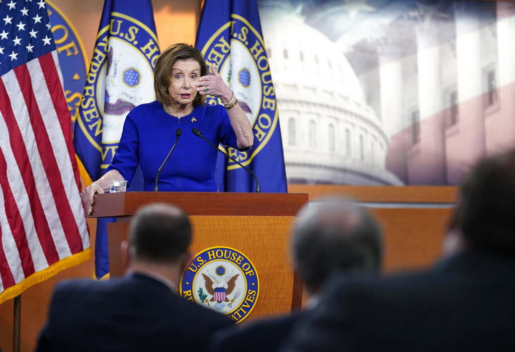House Speaker Nancy Pelosi speaks during a press conference,
