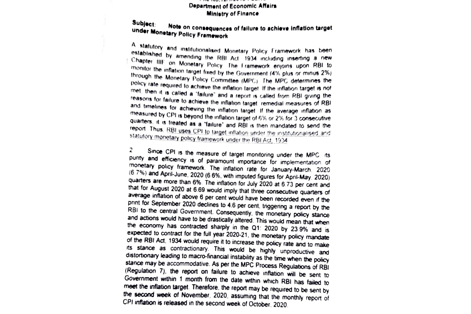 Finance ministry's note dated September 21, 2020, in which it made a case to give RBI exemption from MPC accountability norms