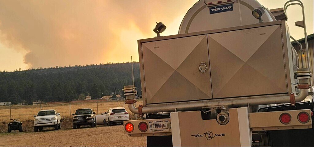 A New Mexico National Guard truck is ready to deliver potable water to communities in response to the Calf Canyon/Hermits Peak fire in northern New Mexico.