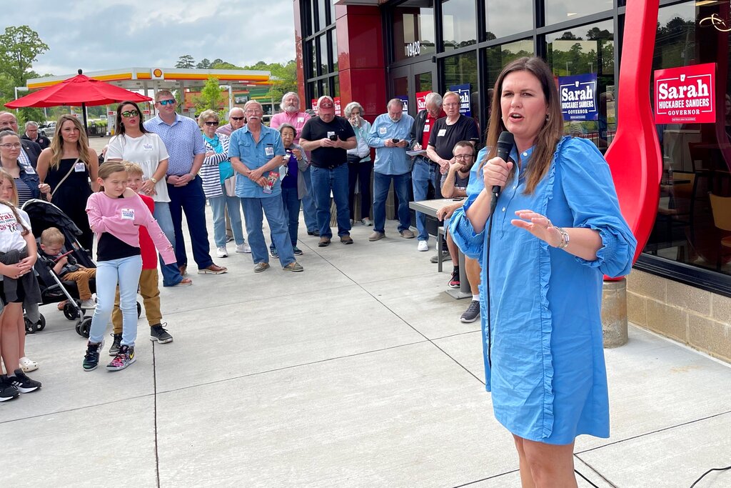 Former White House Press Secretary Sarah Sanders speaks at a campaign stop at a Dairy Queen in Little Rock, Ark.