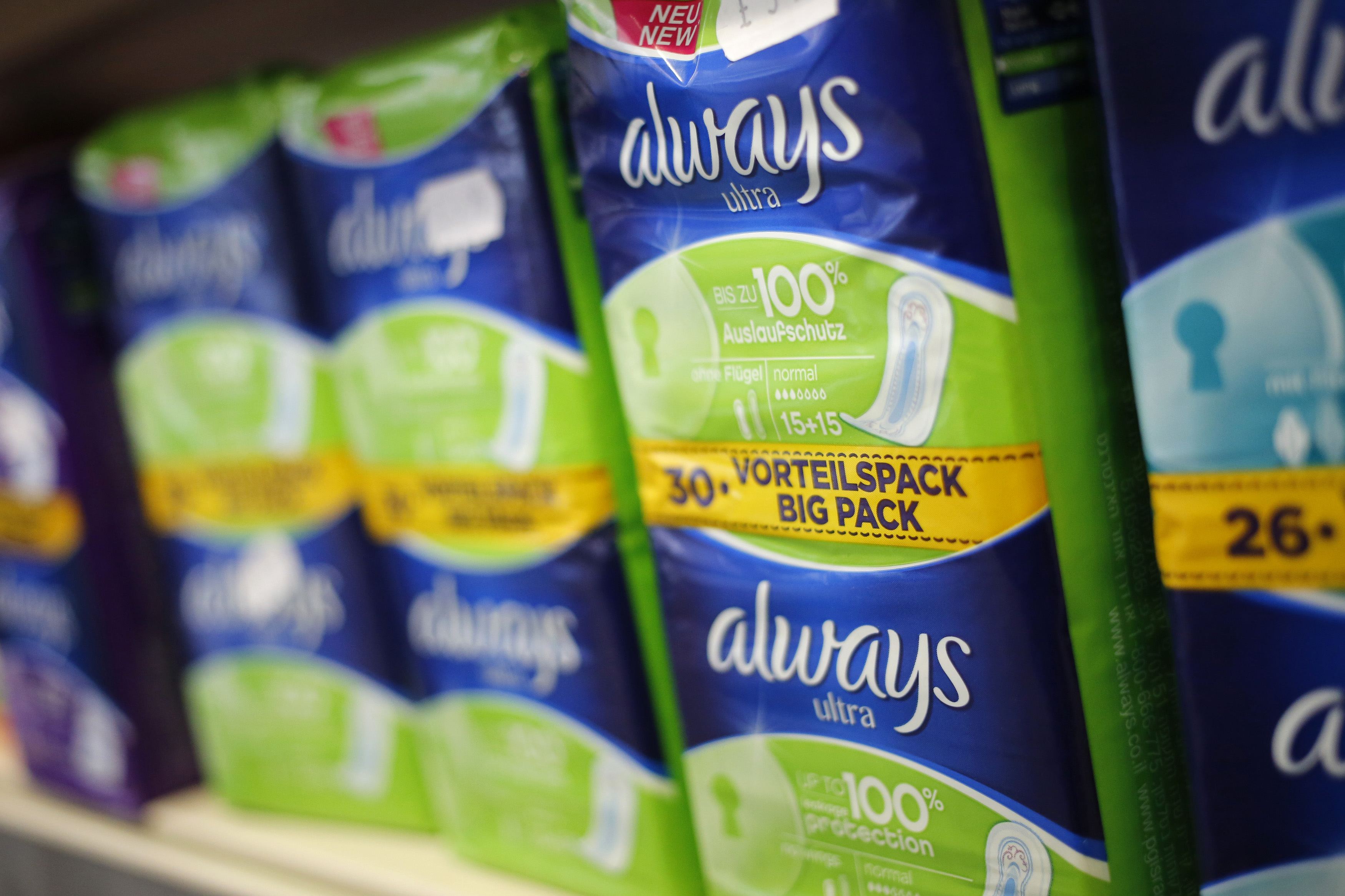 Feminine hygiene products are seen in a pharmacy in London, UK, March 18, 2016