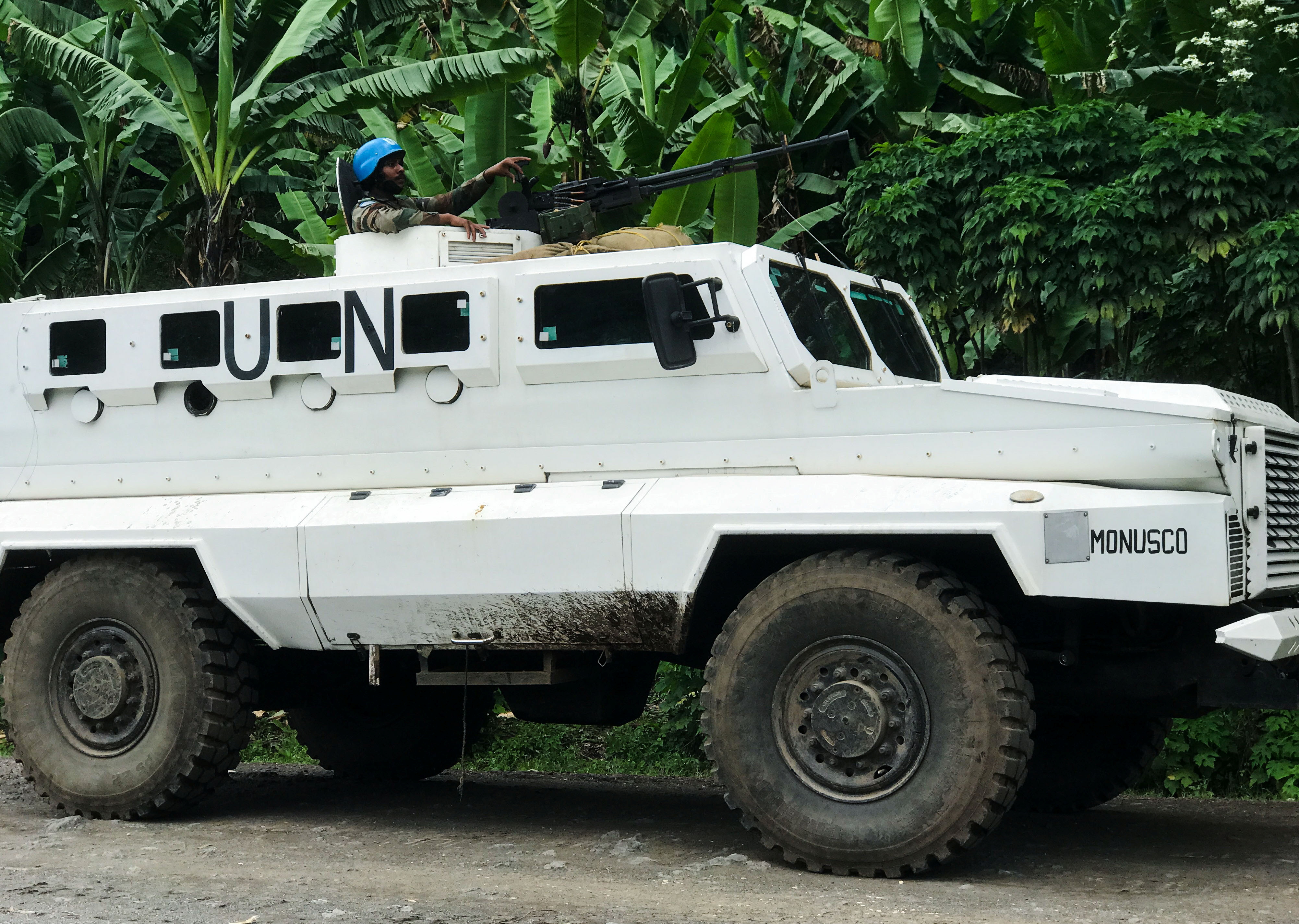 United Nations peacekeepers patrol areas recently attacked by M23 rebels fighters near Rangira in North Kivu in the Democratic Republic of Congo in March, 2022 [Djaffar Sabiti/Reuters]
