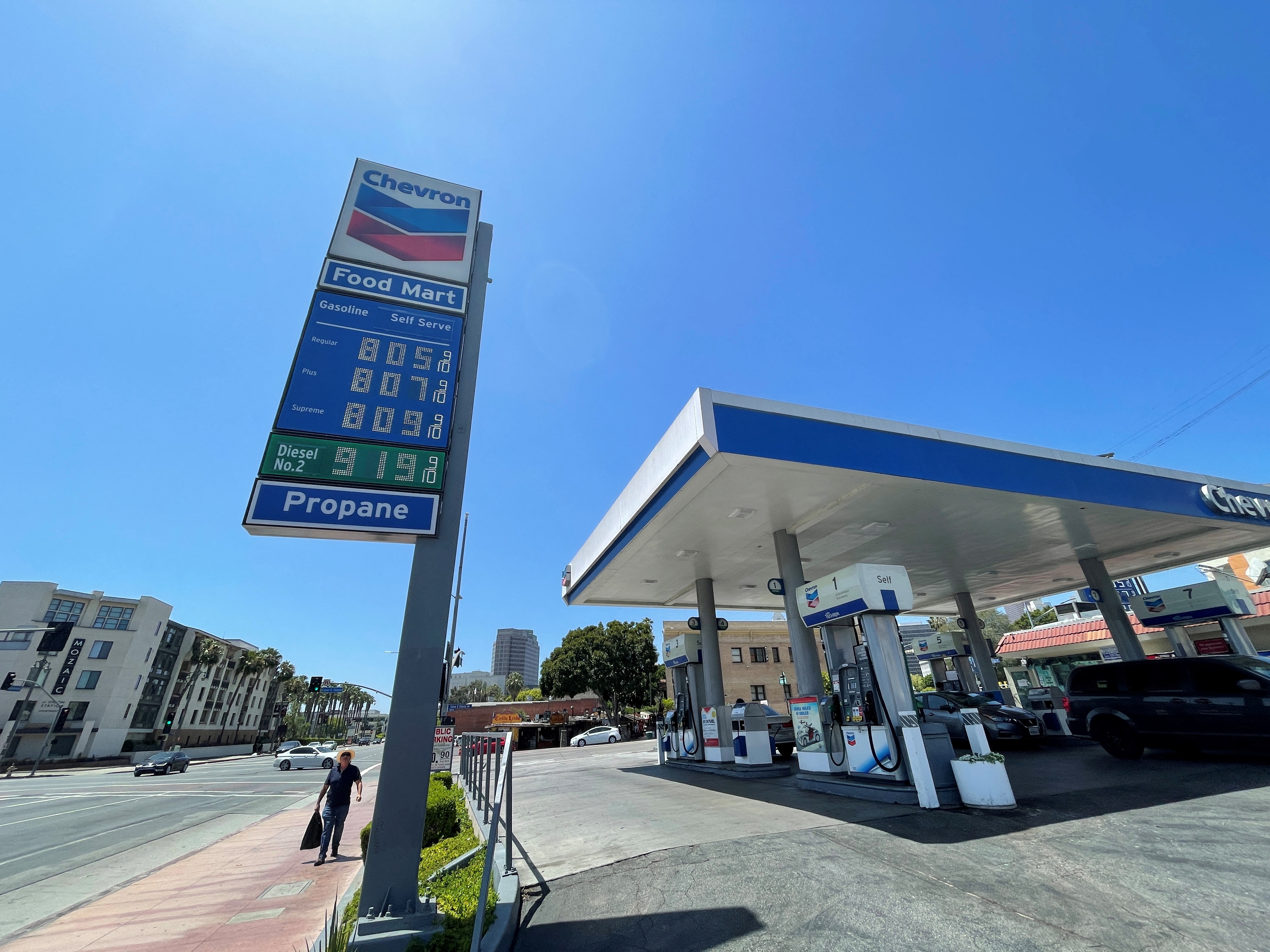 Gas prices over the $8.00 mark are advertised at a Chevron Station in Los Angeles, California, U.S.