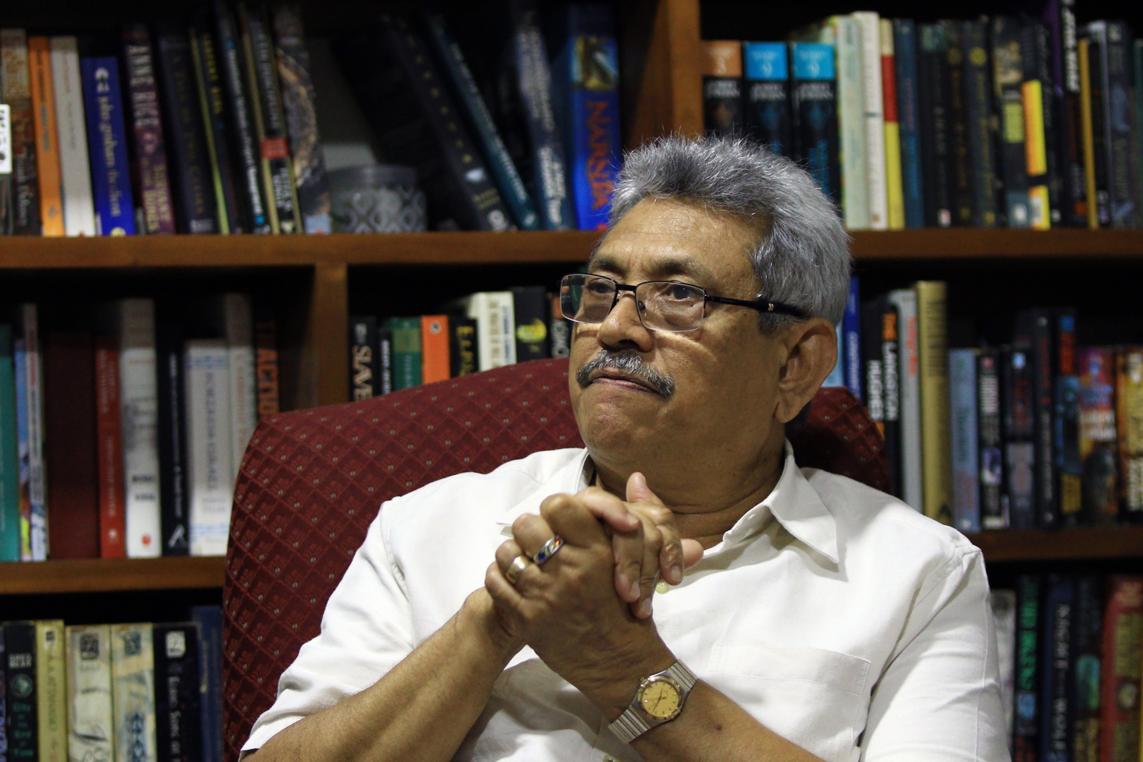 Gotabaya Rajapaksa, Sri Lanka's former secretary of defense, speaks during an interview at his home in Colombo, Sri Lanka