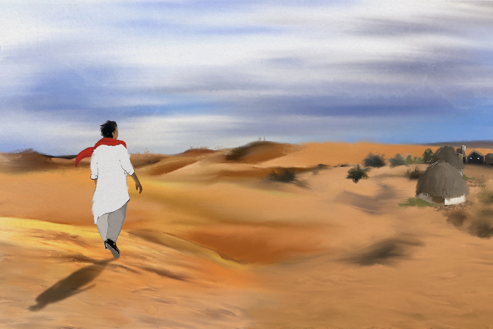 An illustration of a person walking through a desert wearing a red scarf and looking at two little huts and a few little houses among some shrubbery in the distance.
