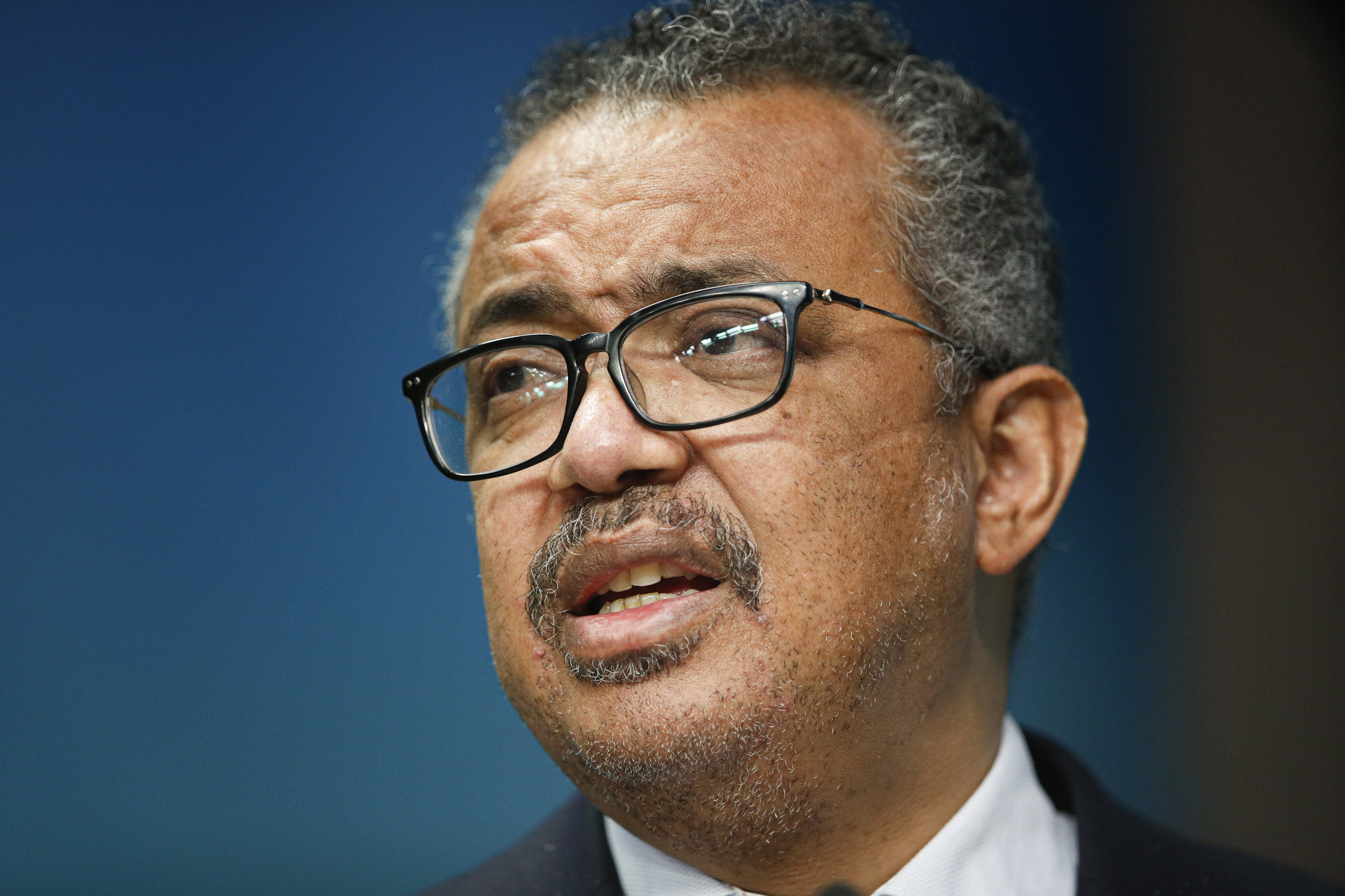 The head of the World Health Organization, Tedros Adhanom Ghebreyesus speaks during a media conference at an EU Africa summit in Brussels