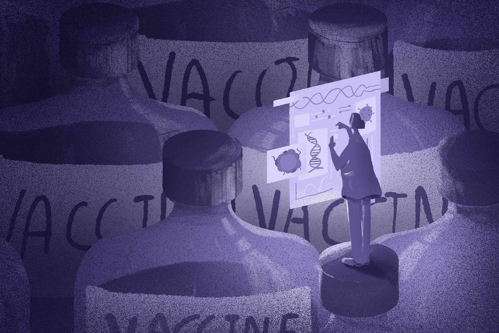 An illustration of a sea of large bottles with a label that says "vaccine" on them and a person standing on one of the lids with a board in front of them that they're pointing to with an illustration of various viruses and DNA on the board.