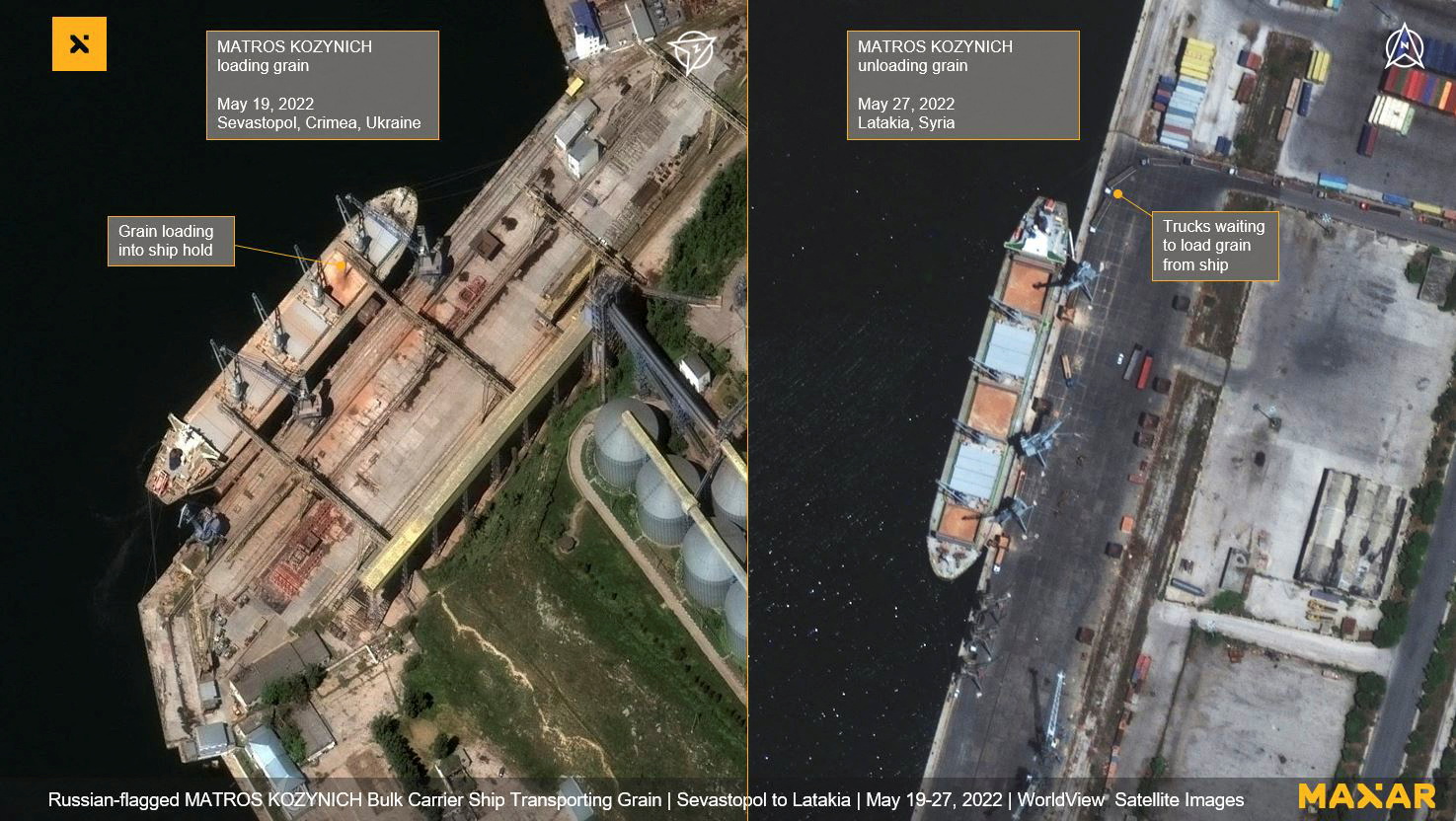 A satellite image of grain being loaded on the Matros Pozynich, in Sevastopol, Crimea May 19, 2022 and a satellite image of Matros Pozynich unloading grain in Latakia, Syria May 27, 2022