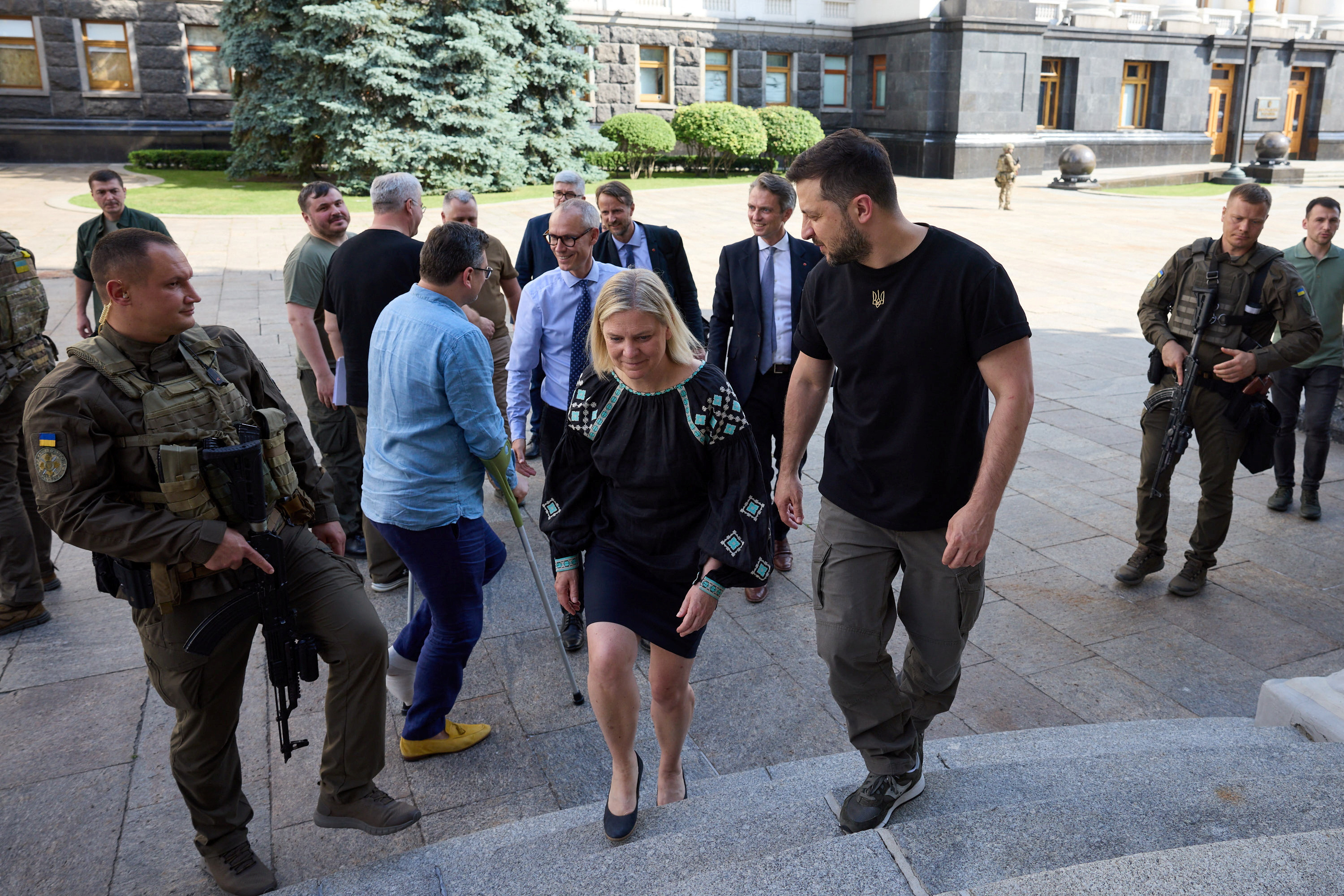 Ukraine's President Volodymyr Zelenskyy welcomes Swedish Prime Minister Magdalena Andersson in Kyiv, Ukraine.