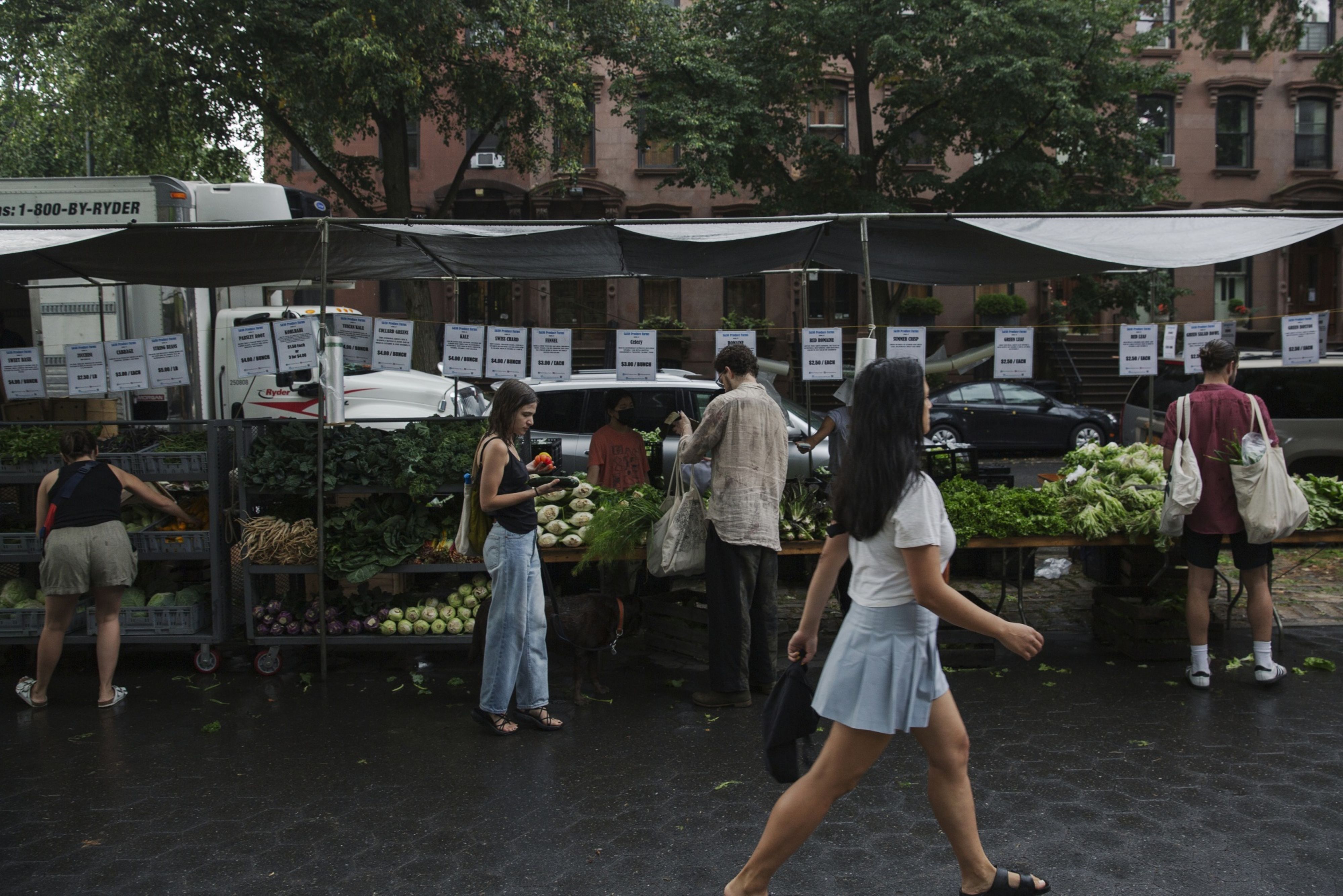 Customers shop at a farmers market in the Fort Greene neighborhood of Brooklyn, New York