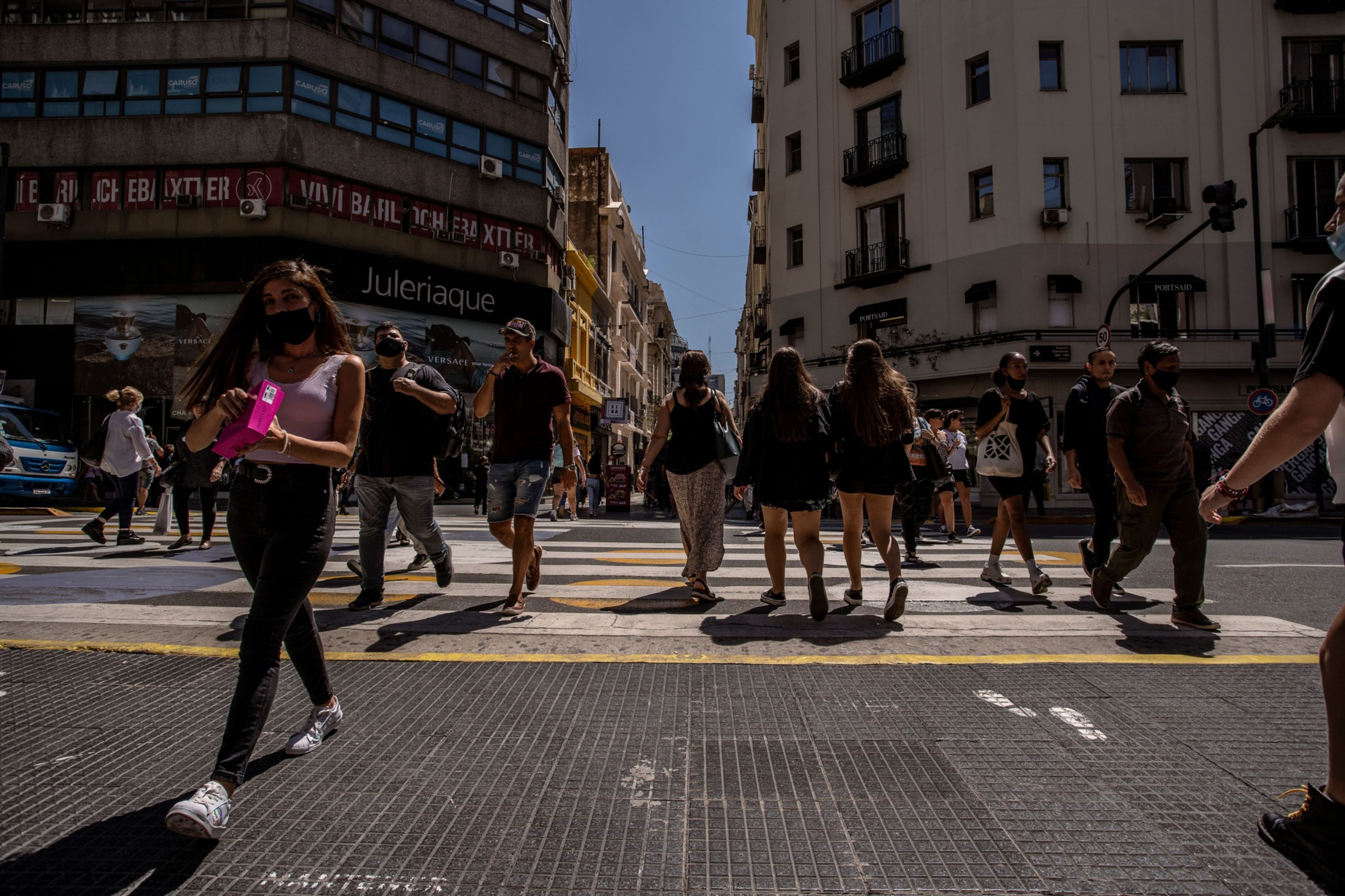 Pedestrians on a popular shopping street in Buenos Aires, Argentina.