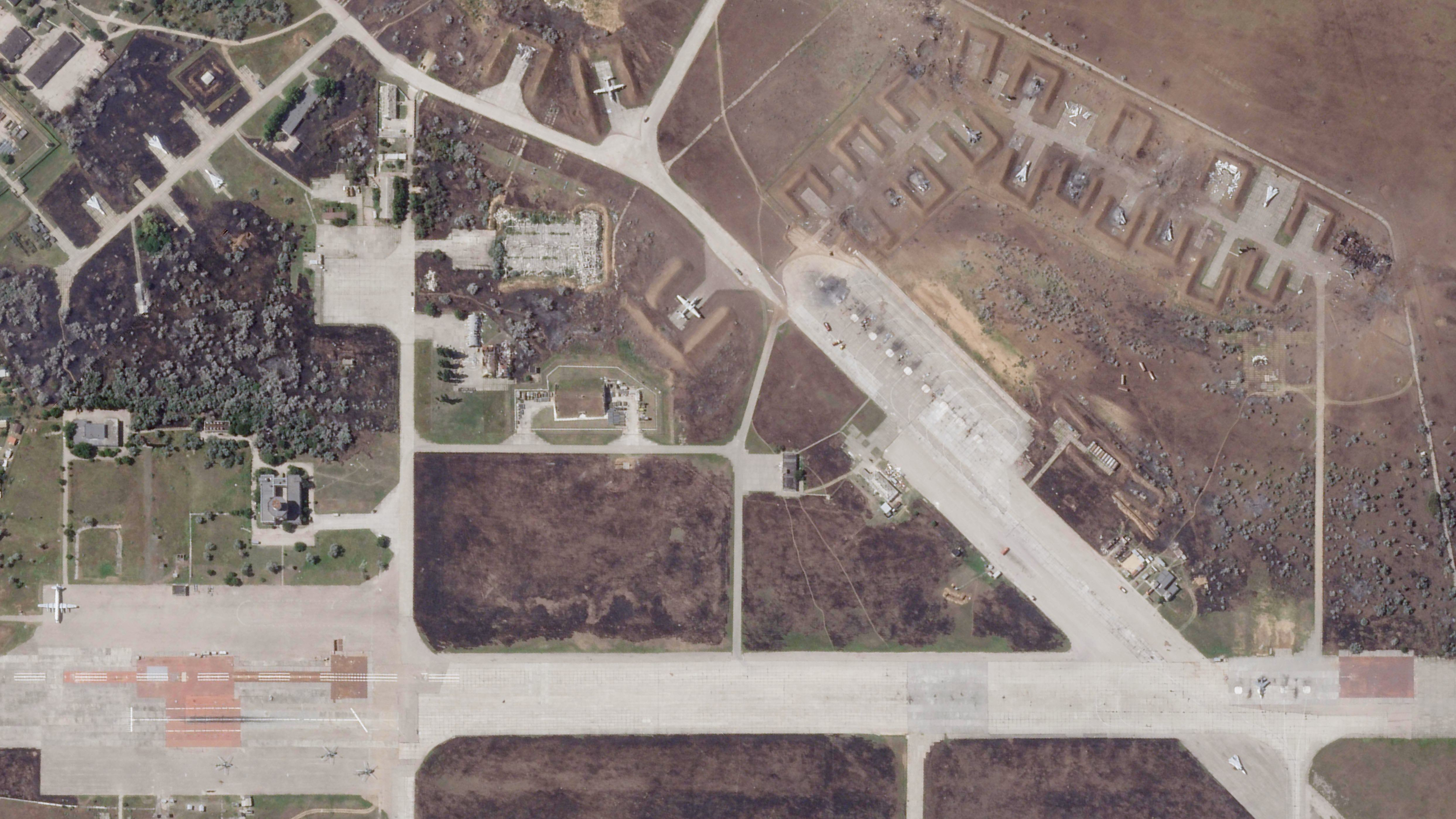 A satellite image by Planet Labs PBC shows Saky airbase in the Crimean Peninsula after an explosion [Planet Labs PBC via AP]