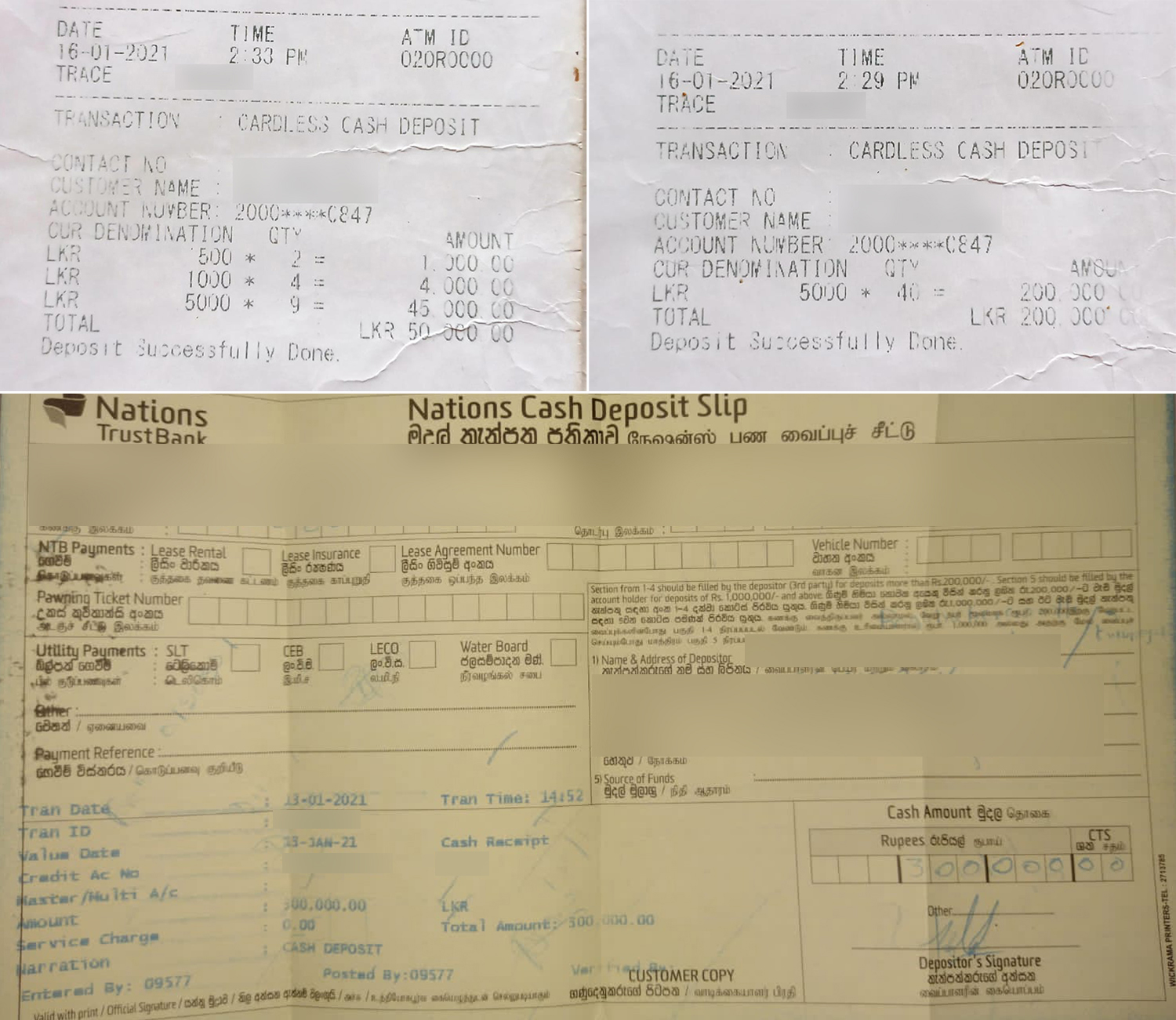 deposit slips showing the amounts deposited in sports chain app